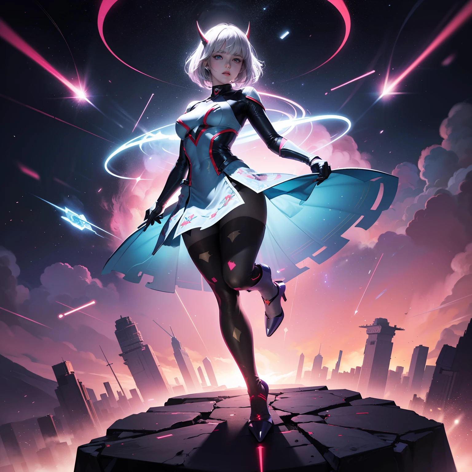 (full body:1.5),(1girl:1.3),(looking at viewer:1.4),(anatomy correct:1.45),(Wearing Printed Fantasy Ultraman tight and pointed high heels ,and Very thick Printed Pantyhose :1.35), (Light particle effect:1.3),(In pink | amarelo | blue colors| green color |red colors | white colors| black in color| purpleish color| greys| Beige| Flesh color 1.4),(Glowing eyes:1.3),(Large amplitude action: 1.3),(Accurate and perfect face:1.4),hyper HD, Ray traching, reflective light,structurally correct, Award-Awarded, high detal, lightand shade contrast, Face lighting,cinmatic lighting, tmasterpiece, super detailing, high high quality, high detal, best qualityer, 16k,high contrast,
