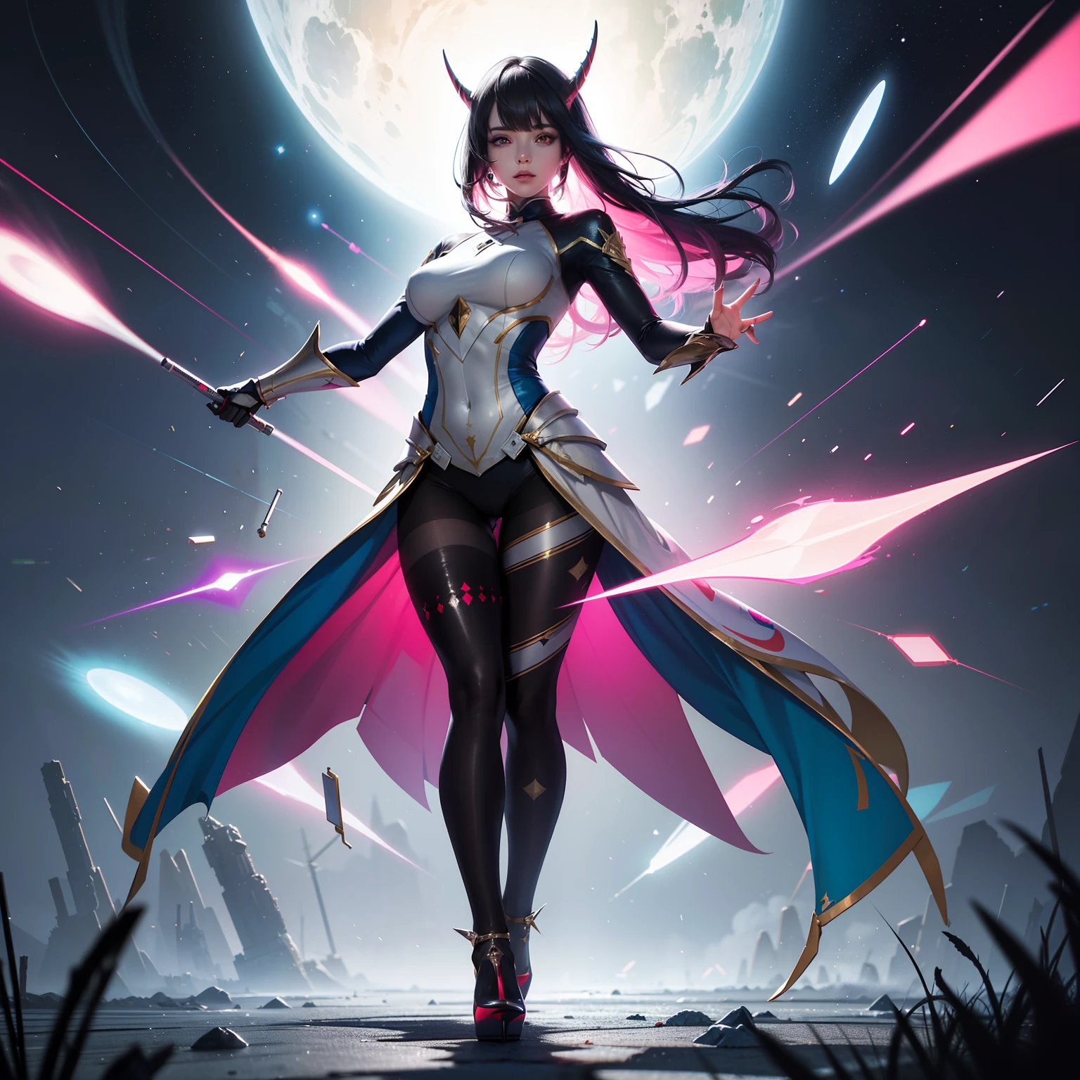 (full body:1.5),(1girl:1.3),(looking at viewer:1.4),(anatomy correct:1.45),(Wearing Printed Fantasy Ultraman tight and pointed high heels ,and Very thick Printed Pantyhose :1.35), (Light particle effect:1.3),(In pink | amarelo | blue colors| green color |red colors | white colors| black in color| purpleish color| greys| Beige| Flesh color 1.4),(Glowing eyes:1.3),(Large amplitude action: 1.3),(Accurate and perfect face:1.4),hyper HD, Ray traching, reflective light,structurally correct, Award-Awarded, high detal, lightand shade contrast, Face lighting,cinmatic lighting, tmasterpiece, super detailing, high high quality, high detal, best qualityer, 16k,high contrast,