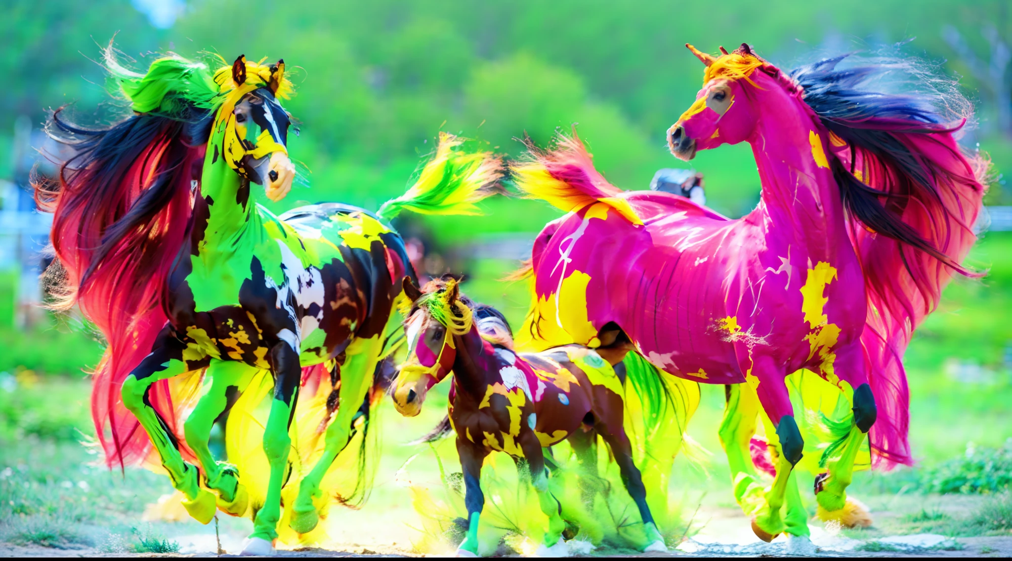 8horses，Ultra-grand scenes，super wide shot，1#cavalos，2#cavalos，3#cavalos，4#cavalos，5#cavalos，6#cavalos，7#cavalos，8#cavalos。Eight extremely special and rare horses surround each other，A large herd of horses galloped ahead，Gallop across the steppe like a clock。The vast plains of the epic scene are rich in aquatic plants，In the distance is the snow-capped summit of Mount Everest，Snow creek flows into the sea，At the other end is the magnificent giant city，The horse team entered and exited from the direction of the city gate。The first is the Light Casting Pegasus from the Supreme Heaven, which has a rainbow aperture from the Supreme Heaven，She rides between light and pure，No additional ornaments are needed to highlight her dignity and holiness，Even the sky showed her a clear sky，She has a deep enmity with the nightmare heavy ride from hell，The two never put their heads next to each other。Surrounded by sulphurous flames, the Hellmare Heavy Ride makes every time a horse's hooves fall, stepping flat grass out of the lava from the ground。The sky of the steppe is brighter because of the rainbow，And lava makes the earth deeper。The wind wings of the wind elf horse let its position be erratic，She carries a cyan aperture lightly and always can't help but tease the mechanical horse。The mechanical horse is full of mecha beauty，The shoulder back position always reveals delicate mechanical fittings，Four kicks with a hydraulic pump and electromagnetic ejection device。Unicorns want to steal all the horses' limelight with their pure and flawless beauty，Her unicorn flashed with the power of thunder。But on the side, the fairy dragon horse is comparing with it，The fairy dragon is full of small stars shining with magical brilliance。Their unique elven-patterned armor and colorful saddles make them the most stylish horses。The female knight is charging on her knightly warhorse，Her lofty ideals made her will unstoppable，There is no doubt that she is the protagonist of this picture。And a chaotic