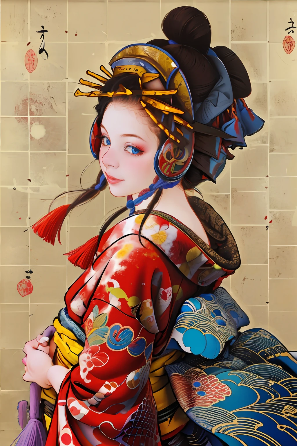 nsfw,
1girl, solo, looking at viewer, smile, blue eyes, black hair, hair ornament, upper body, japanese clothes, kimono, from side, lips, makeup, tassel, rope, eyeshadow, red kimono, shimenawa, kanzashi,