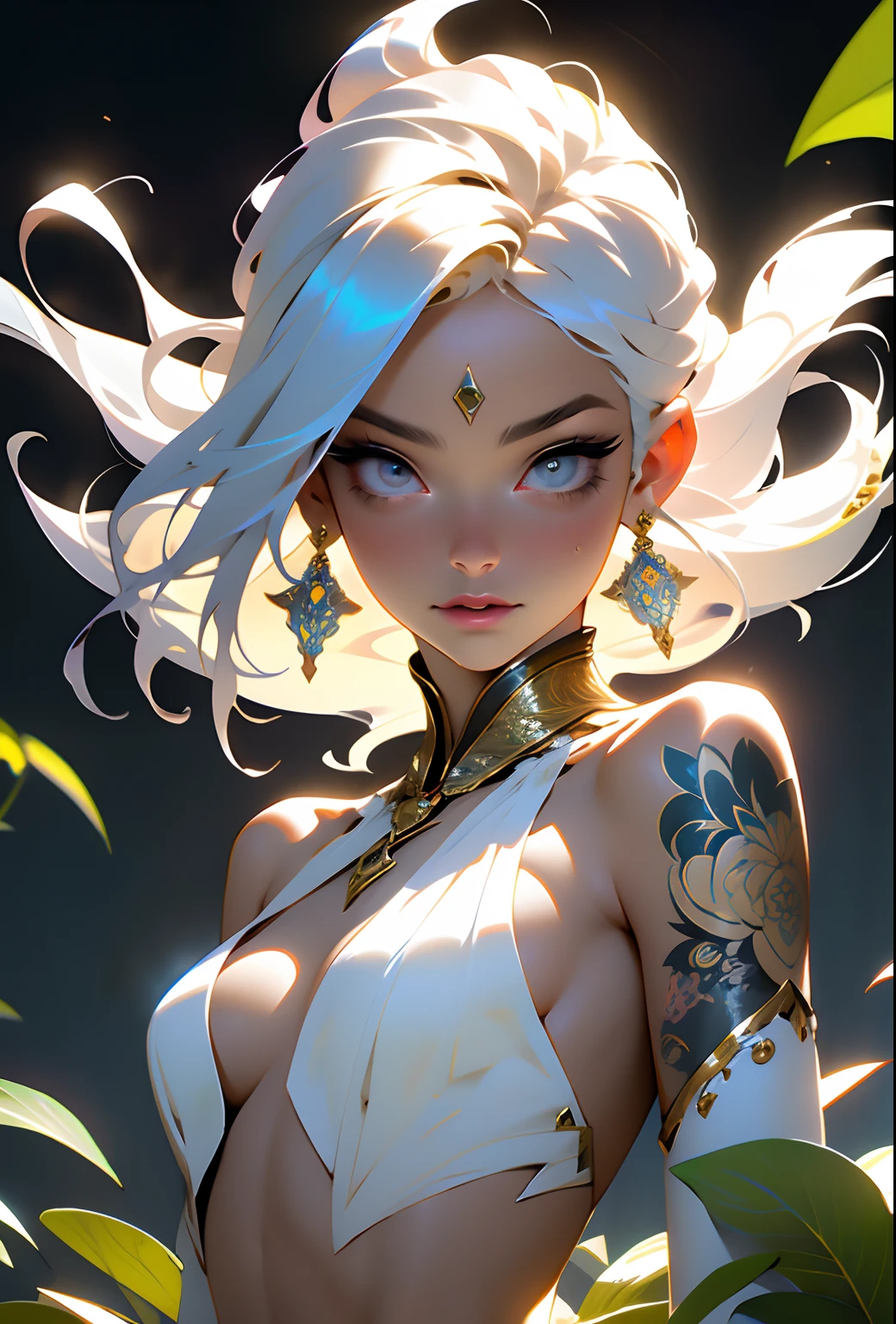 Create a beautiful tree, tree woman With the torso with a feminine silhouette. a perfect female body With green leaves. digital drawing, perfect face, glowing skin, 8k concept art portrait, dynamic, detailed lighting, fractal complex background, alcohol ink drawing. black background with paint splatters, by Hirohiko Araki, Official Art, Unity 8K Wallpaper, Masterpiece, Best Quality, (Zenredar, mandala, tangle, tangle), 1 beautiful platinum and black and gold Caucasian hair girl, Angle dynamic, The Most Beautiful Form of Chaos, elegant, bright colors, romanticism, By James Jean, Takato Yamamoto, Ashley Wood, ecstasy of music notes, transmission of visible music notes, Style Wtrcolor, blown by the wind, Masterpiece, ((watercolor )), paint splatters, intricate details. [drip: 0.7], Trending on Artstation, Rachel Walker, Style-Painting-1900, A beautiful nude woman completely covered in paint floating in a pool, beautiful lighting, beautiful large detailed eyes, Nirvana, relaxed, paint drips, Spirals of Paint, Paint Splatter, (Beautiful Swirls of Paint Swirls), by By Sandra Chevrier, vivid contrasting colors, chromatic aberration, black background, Best Quality, (realistic: 1.2), (high contrast: 1.2), black hair and gold and silver and bronze decoration, goddess of the forest, beautiful caucasian girl close-up, beautiful goddess fused with forest and trees, black hair fused with platinum and gold, girl naked skin wet with water, beautiful visible pubic area, pink pesons, Exposed small breasts, garden pond, mandala and flower tattoos on the naked body, floating antique clock, lamp, lantern, garden pond, visible beautiful pubic area, pink nipples, small breasts in the view, full body, Sakimichan art, oriental mandala tattoo, fractal background, silver and gold and bronze spirit, floating ancient clock, ancient lamp, faint smile, view from below, towering goddess, nude female body fused into forest vines and leaves of trees, roman column, ancient temple with garden and pond
