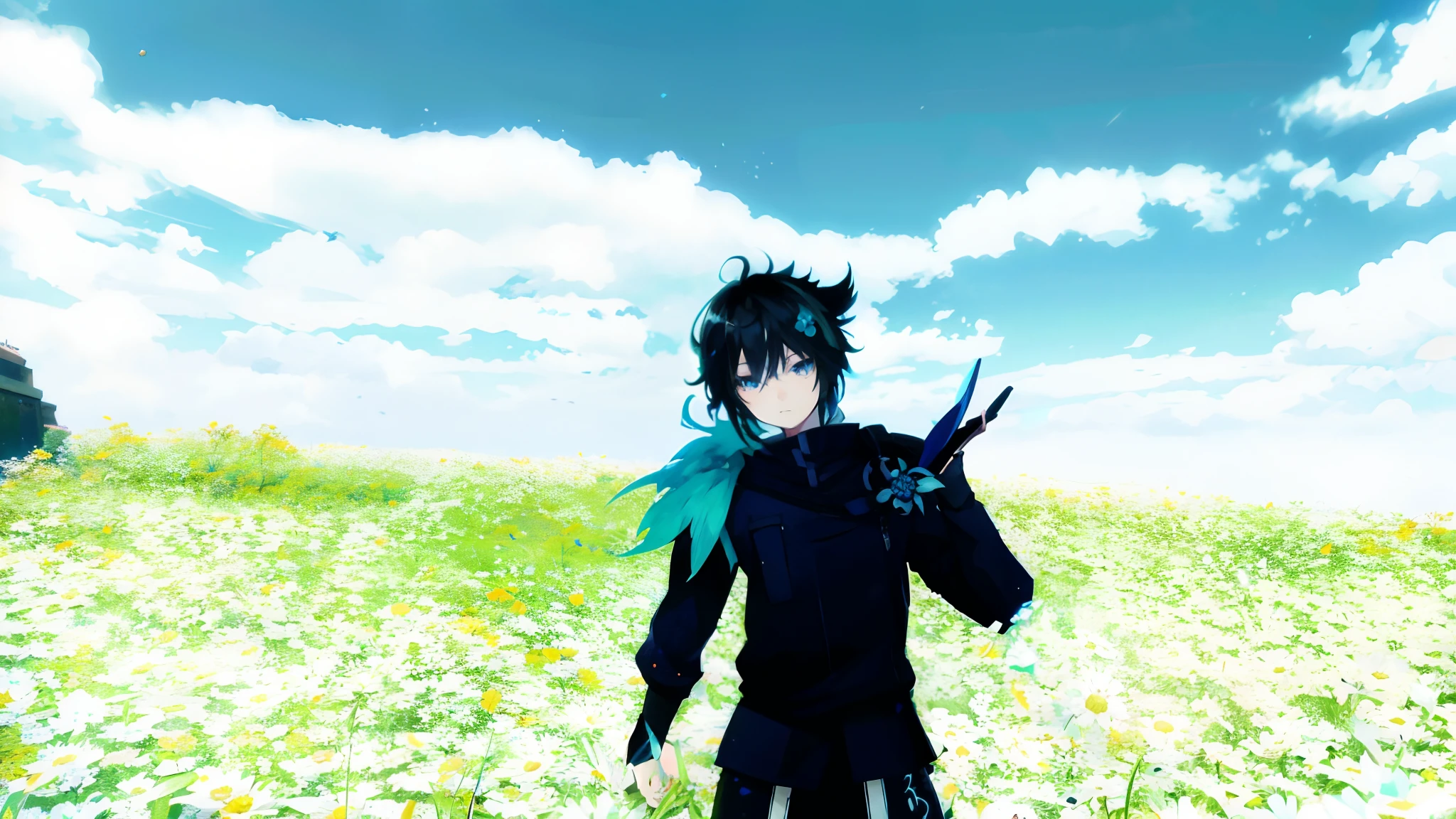 anime character in a field of daisies with a blue bird on his shoulder, inspired by Okumura Masanobu, anime style. 8k, anime styled 3d, inspired by Okumura Togyu, vrchat, kirito, anime stylized, trigger anime artstyle, okata kazuto, young shadow mage male, made with anime painter studio