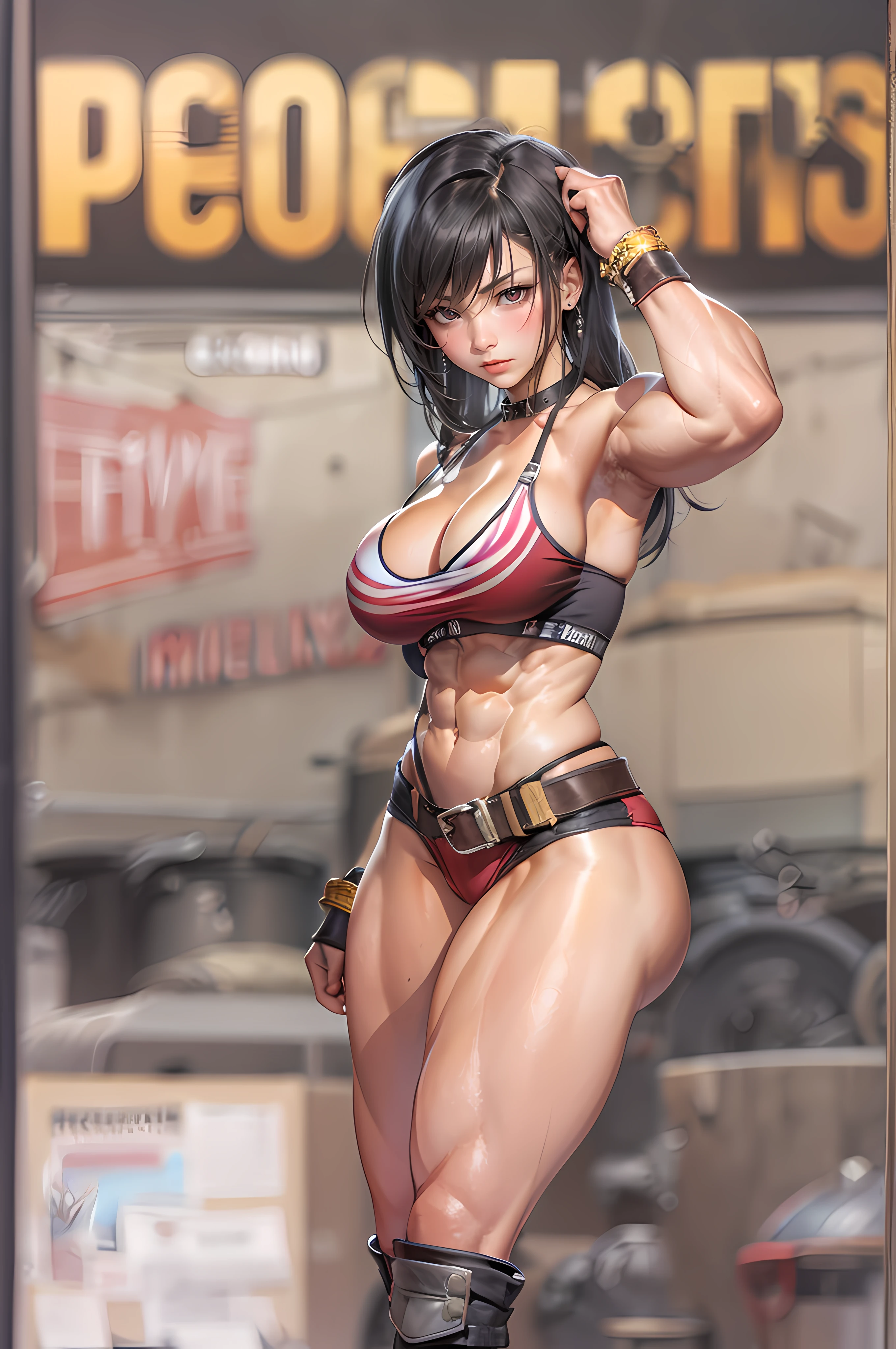 (Masterpiece, ultra detailed: 2), (best quality: 2), (beautiful woman: 2), (beautiful face: 2), thick muscular neck, matching face structure, matching neck, matching skin tone, matching trapezius muscles, matching hair, slight smirk, big eyes, opaque red eyes,