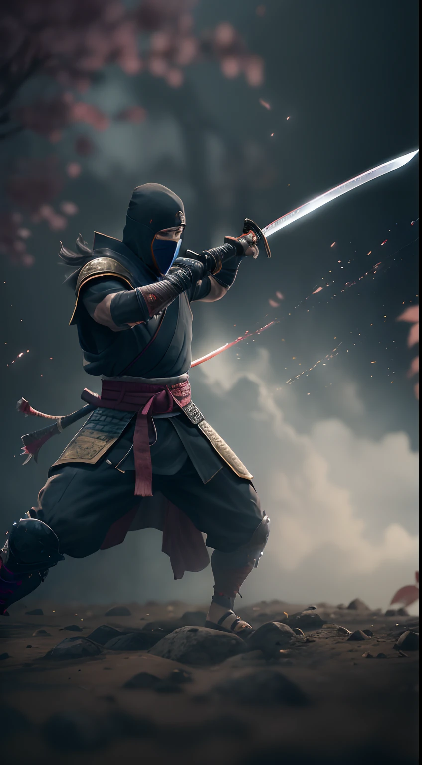 (8k), Ultra resolution 8K, Stunning illustration of a ninja hero. Warrior Prince,Traje legendario , Athletic Body Ninja, shurikens plateados. ((sostiene una katana de batalla)), ninja stars in the air cinematic lighting,action pose, agregar efecto al final,Mythical background, action scene , Shurikenen el aire