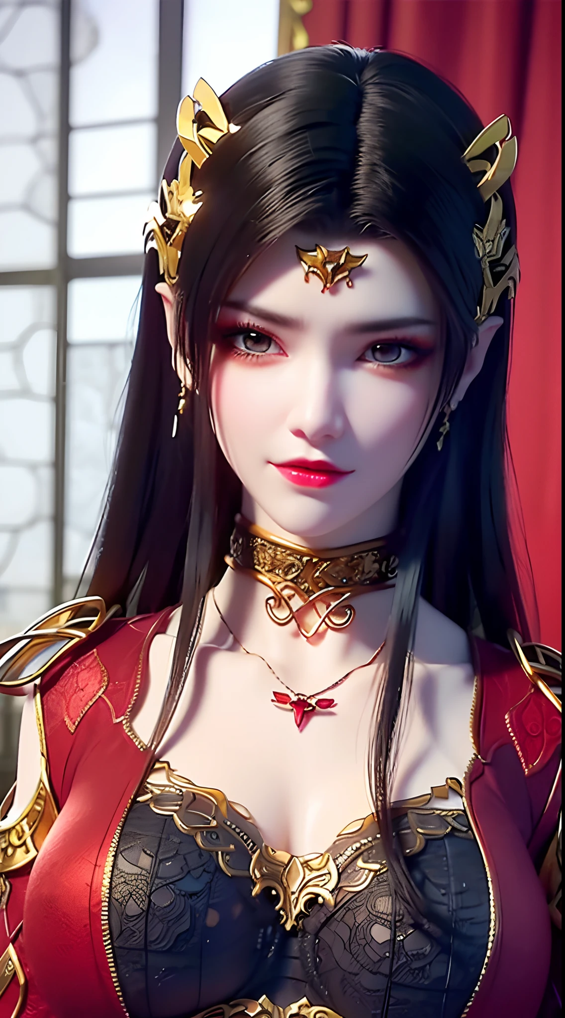 1 very beautiful queen medusha in hanfu dress, thin red silk shirt with many yellow motifs, black lace top, long hair dyed black, beautiful hair jewelry, pretty face pretty and cute, perfect face, earring jewelry, light purple rabbit ears, antique jewelry, big red eyes, sharp eye makeup, meticulous makeup eyelashes, thin eyebrows, nose tall, pretty red lips, no smile, pursed lips, rosy cheeks, wide breasts, big breasts, well-proportioned breasts, slim waist, red mesh stockings with black lace, Chinese hanfu style, fictional art patterns, colors vivid and realistic, RAW photos, realistic photos, ultra-high quality 8k surreal photos, cool photos, (virtual lighting effects: 1.8), 10x pixels, magic effects (background): 1.8), super detailed eyes, beautiful girl body portrait, girl alone, ancient hanfu background, looking directly at the audience, wide original photo, 8k quality, super sharp, detailed and clear picture best, detailed light background,