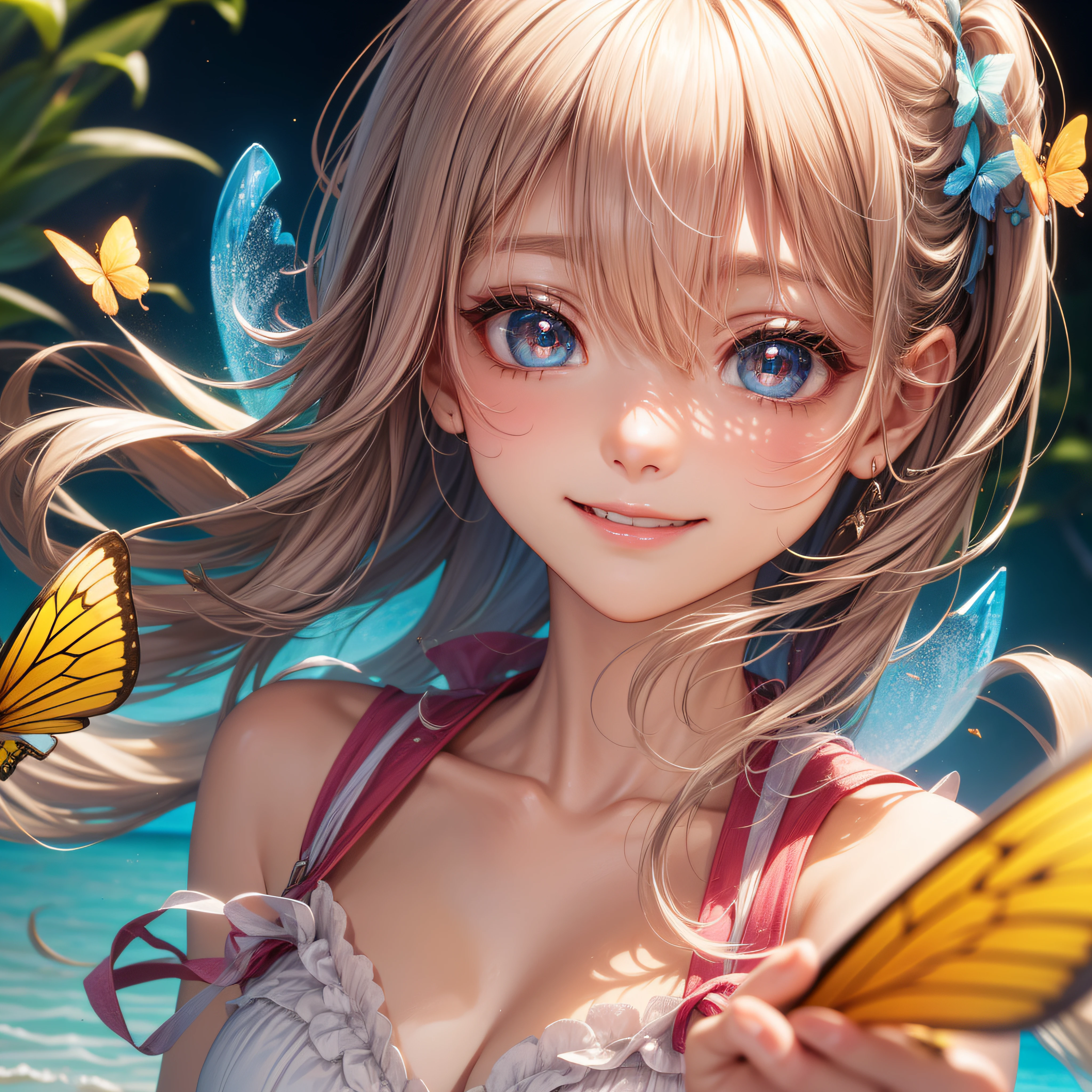 One lady,12year old,japanes,(((Green Micro Bikini))),Upper body portrait,((Natural smile)),Clothes are wet,((()))High quality, detail, Depth and finesse。stares at the camera。Use of fisheye lenses、Beast hairstyle ban、Maintain finger shape、impact-resistanthigh-quality, detail, Depth and 3D effects。Worthy of 16k wallpapers。The texture of the material changes.、Realistic expression.。Official art。Natural light,((Realism: 1.2)), dynamic far view shot,Cinematic lighting, Perfect composition, by sumic.Has a small, ultra-detailliert, Official art, masutepiece, (Best Quality:1.3), glint, Highly detailed CG Unity 16K wallpaper, Detailed background, masutepiece, Best Quality, (masutepiece), (Best Quality:1.4), (超A high resolution:1.2), (hyper realisitic:1.4), (Photorealistic:1.2), Best Quality, High quality, hight resolution, Detail Enhancement,