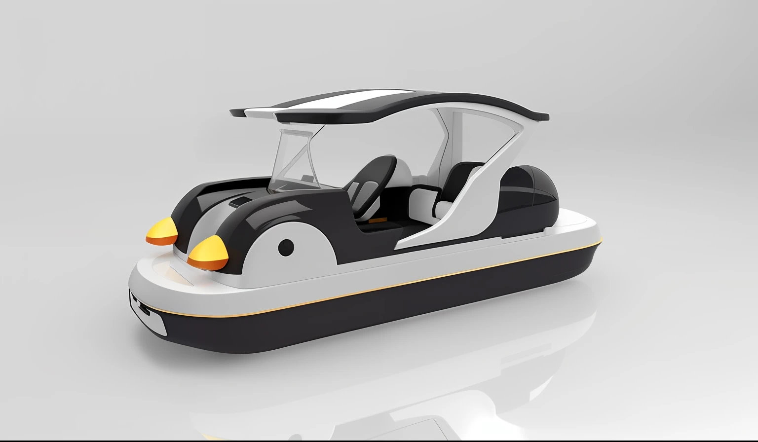 There was a small toy car，There is a penguin on it, Concept ship, floating vehicle, rendering of checkmate, pod racer, transportation design render, product design render, cute future vehicles, toy design, concept design, rendering of the windigo, bw 3 d render, small boat, duck themed spaceship, floating cars, depicted as a 3 d render, conceito