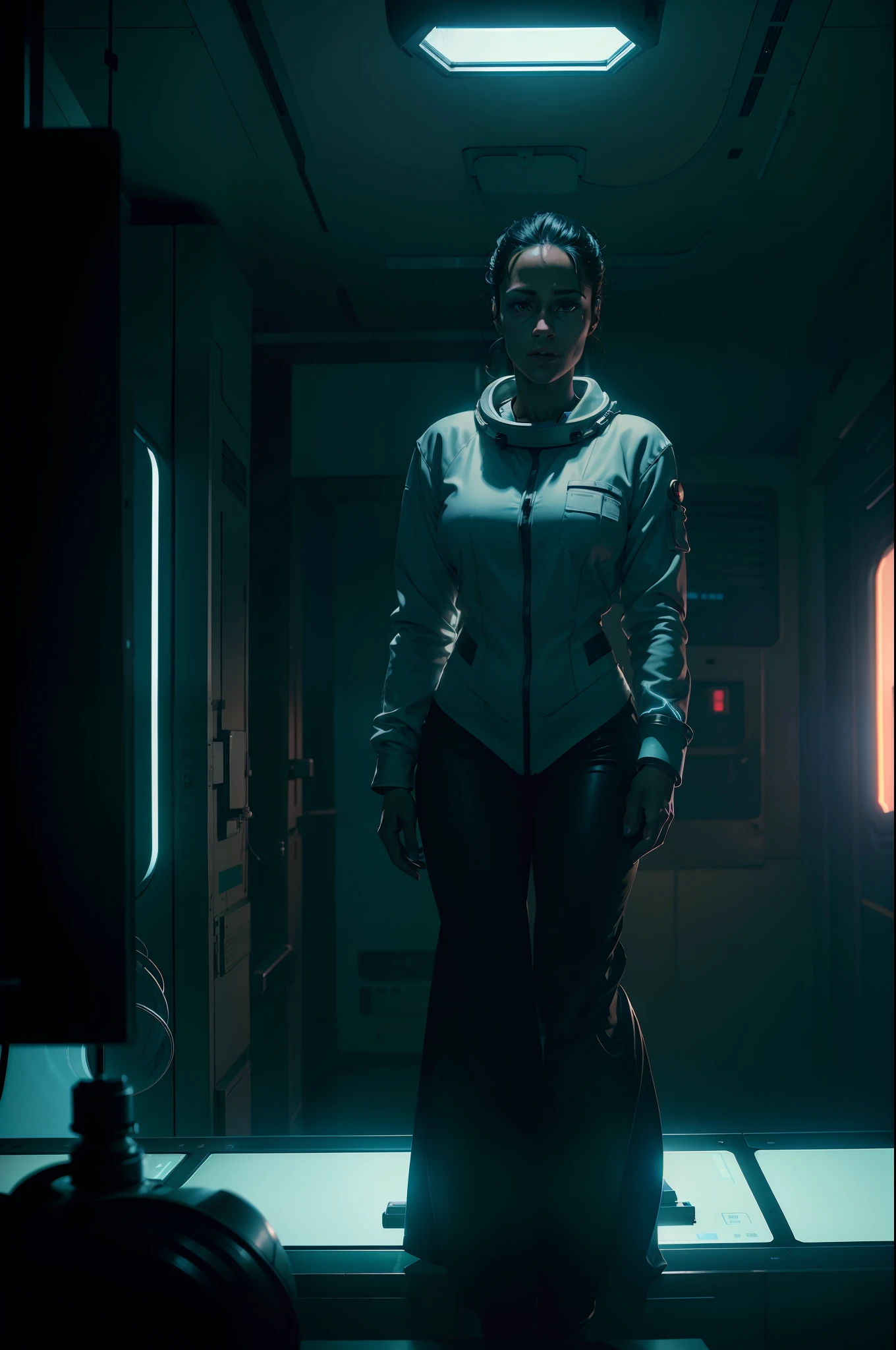 Hot Paula patton as a scientist working on a Ishimura space Ship in sci fi lab photography, natural light, photorealism, cinematic rendering, ray tracing, the highest quality, the highest detail, Cinematic, Third-Person View, Blur Effect, Long Exposure, 8K, Ultra-HD, Natural Lighting, Moody Lighting, Cinematic Lighting