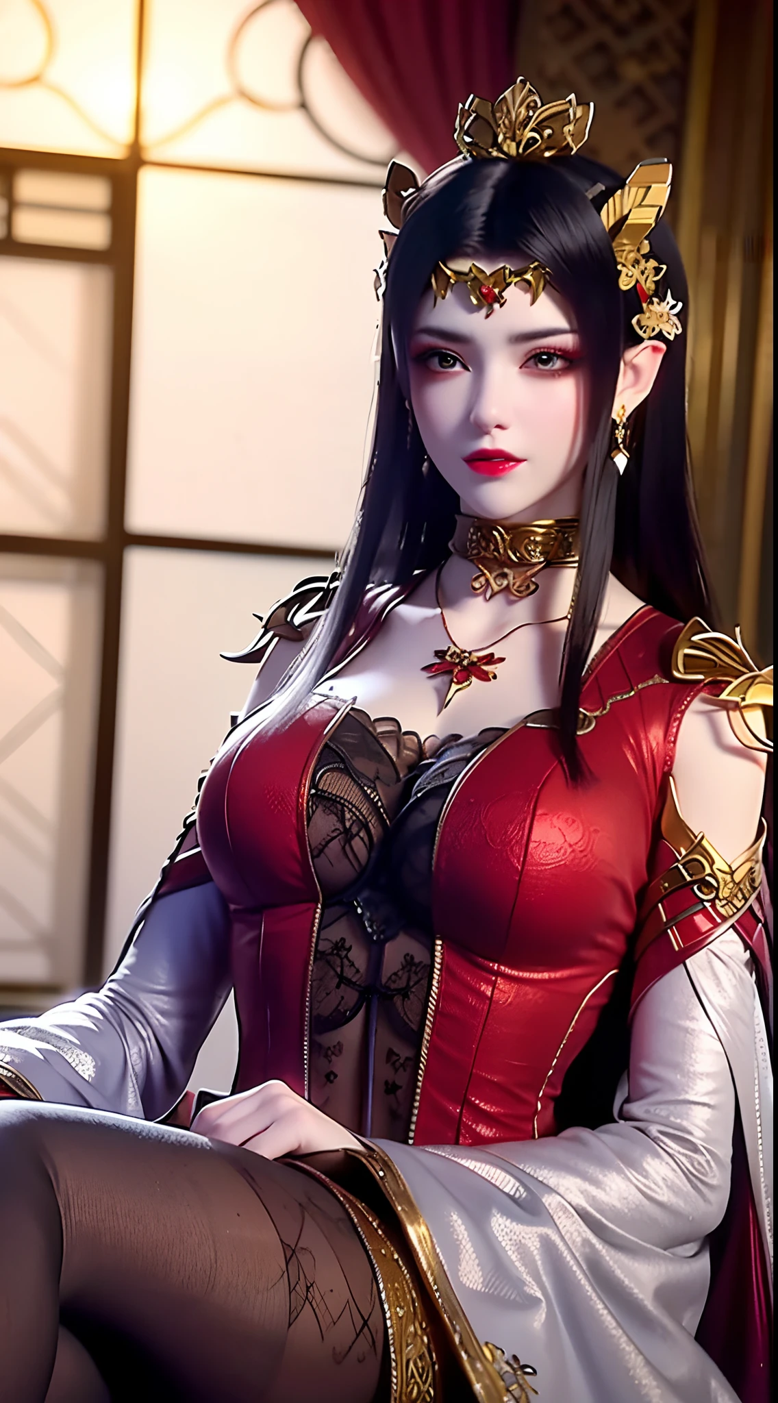 1 very beautiful queen medusha in hanfu dress, thin red silk shirt with many yellow motifs, black lace top, long hair dyed black, beautiful hair jewelry, pretty face pretty and cute, perfect face, earring jewelry, light purple rabbit ears, antique jewelry, big red eyes, sharp eye makeup, meticulous makeup eyelashes, thin eyebrows, nose tall, pretty red lips, no smile, pursed lips, rosy cheeks, wide breasts, big breasts, well-proportioned breasts, slim waist, red mesh stockings with black lace, Chinese hanfu style, fictional art patterns, colors vivid and realistic, RAW photos, realistic photos, ultra-high quality 8k surreal photos, cool photos, (virtual lighting effects: 1.8), 10x pixels, magic effects (background): 1.8), super detailed eyes, beautiful girl body portrait, girl alone, ancient hanfu background, looking directly at the audience, wide original photo, 8k quality, super sharp, detailed and clear picture best, detailed light background,