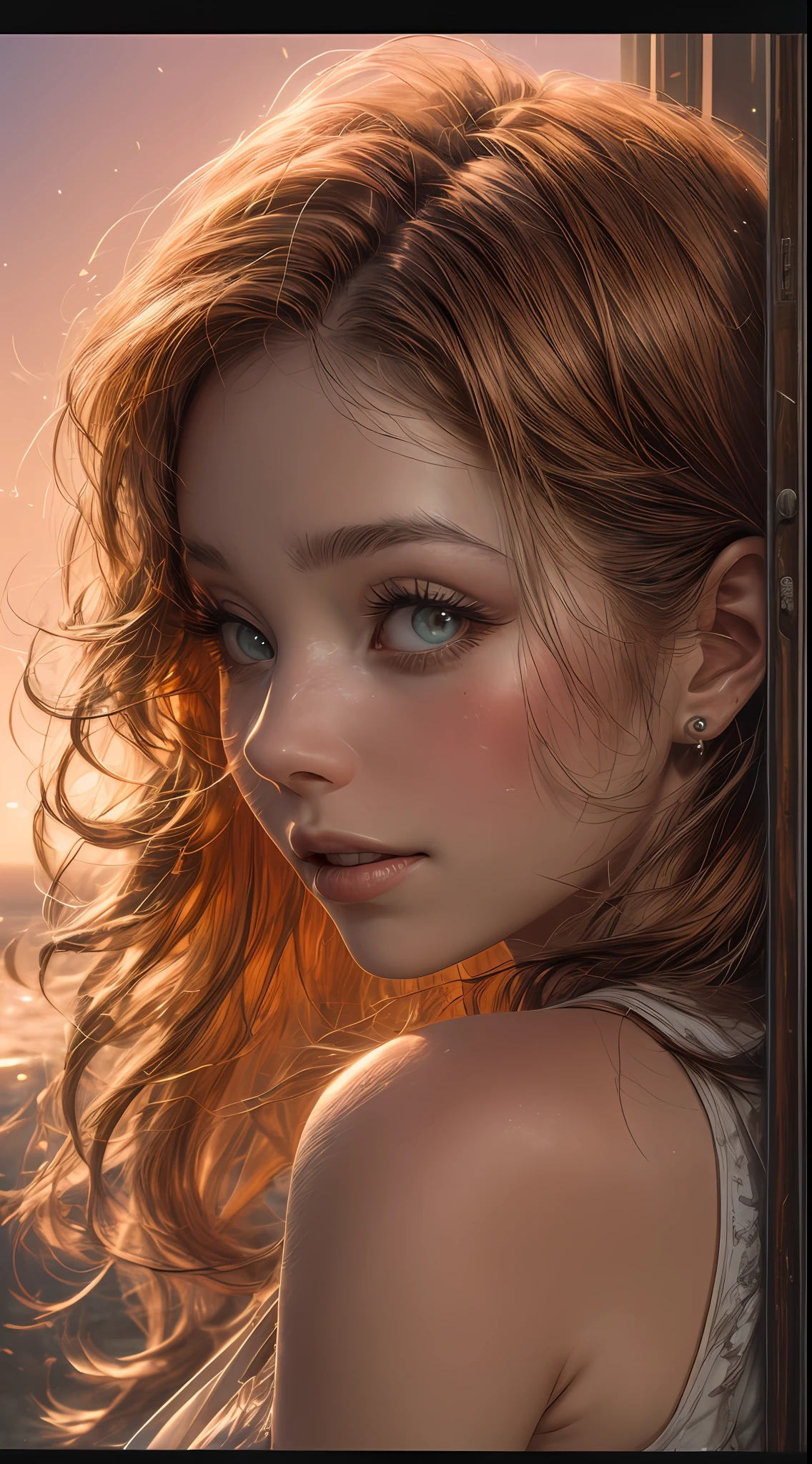 A close-up of a woman's face, bathed in warm orange hues, as if lit by the soft glow of a sunset, her eyes sparkling with joy and contentment, framed by wisps of flowing auburn hair, Photography, shot with a 35mm lens