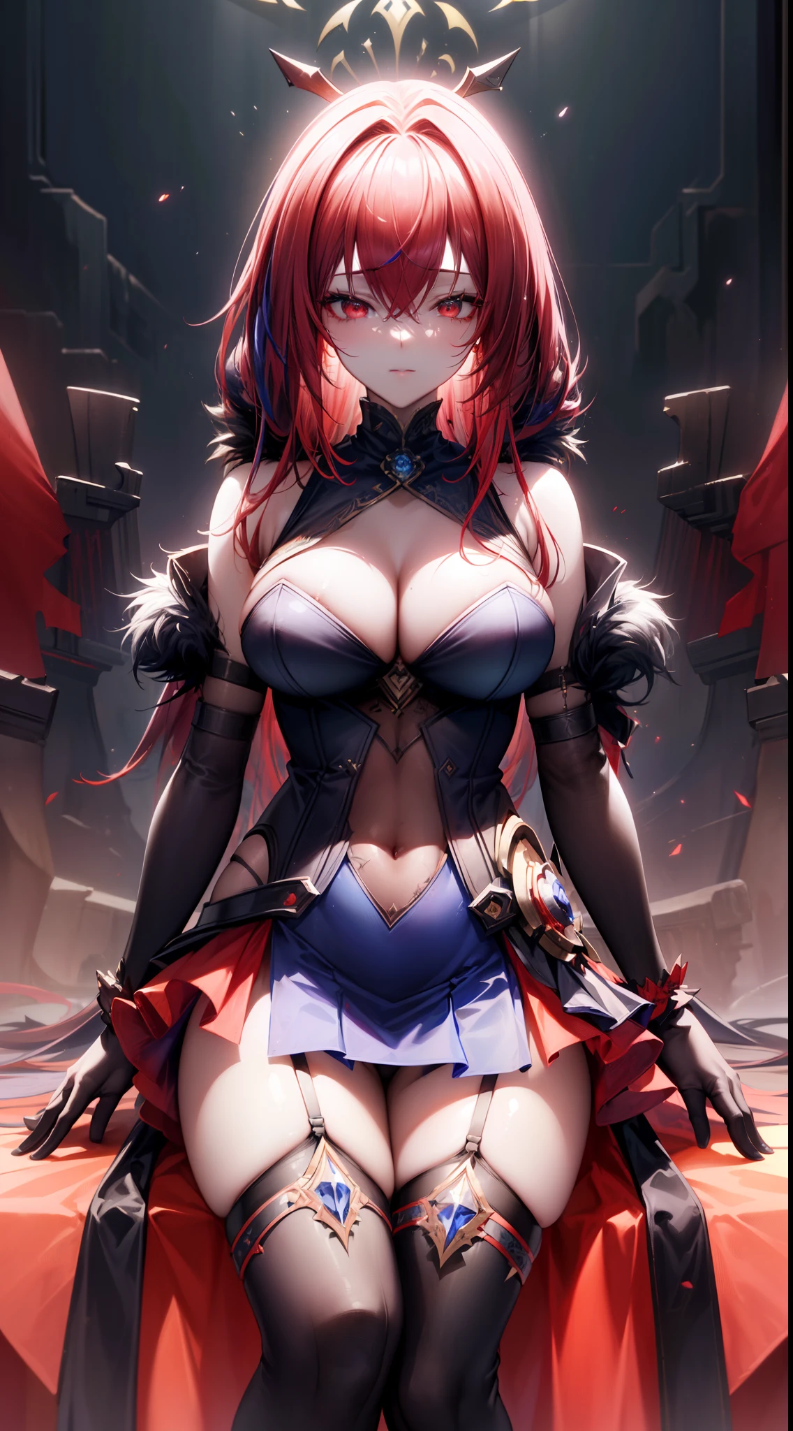 dark ultramarine blue futuristic demon warrior (queen) girl in coverall armored suit (((skirt))) (((mantle))) with sword, (fluffy fur mantle), magic, ((lacy)), futurism, cyberpunk, silk, fur, (stockings), (decollete), navel, natural breasts, slim body, zettai ryouiki, ((((medium length dull scarlet hair)))), red hair, (beautiful detailed bright magenta eyes), portrait, (beautiful and aesthetic:1.2, fractal art:1.4), most realistic, hyper-realistic, RAW, highest quality, best quality, Detailed, Realistic, 4k highly detailed digital art, octane render, bioluminescent, (cool_color), best pixels, 8k ultra, extremely detailed CG unity 8k wallpaper, cinematic lighting