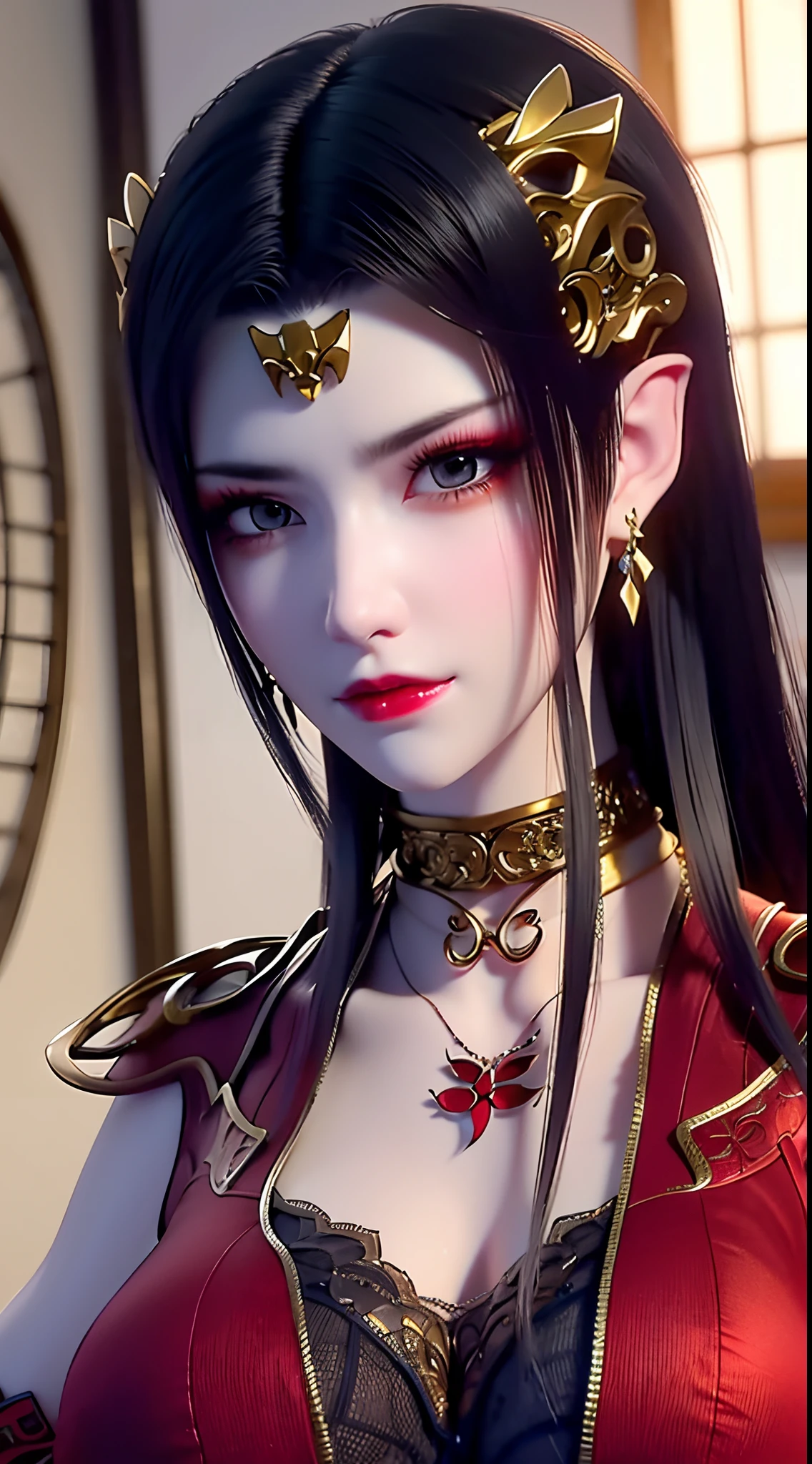 1 very beautiful queen medusha in hanfu dress, thin red silk shirt with many yellow motifs, black lace top, long hair dyed black, beautiful hair jewelry, pretty face pretty and cute, perfect face, earring jewelry, light purple rabbit ears, antique jewelry, big red eyes, sharp eye makeup, meticulous makeup eyelashes, thin eyebrows, nose tall, pretty red lips, no smile, pursed lips, rosy cheeks, wide breasts, big breasts, well-proportioned breasts, slim waist, red mesh stockings with black lace, Chinese hanfu style, fictional art patterns, colors vivid and realistic, RAW photos, realistic photos, ultra-high quality 8k surreal photos, cool photos, (virtual lighting effects: 1.8), 10x pixels, magic effects (background): 1.8), super detailed eyes, beautiful girl body portrait, girl alone, ancient hanfu background, looking directly at the audience, wide original photo, 8k quality, super sharp, detailed and clear picture best, detailed light background,