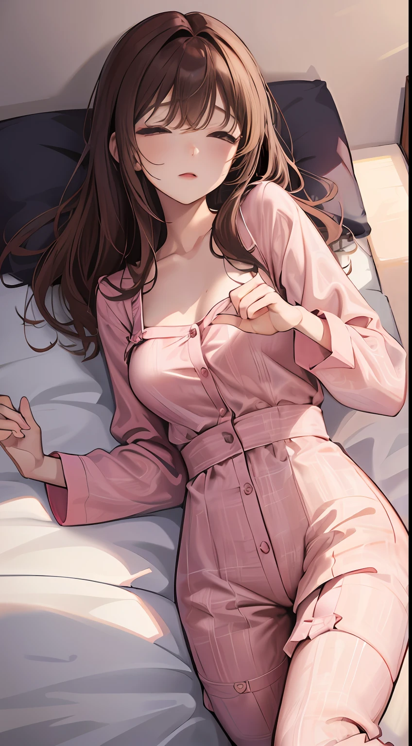 Sleeping girl，22 year old，realisticlying， in pink pajamas，brown  hair， Pajamas tugging， The collar is around the neck， janelas， waking up， morning， Be red in the face