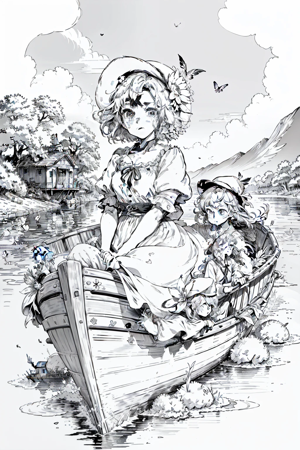 Makoto Shinkai's animation line drawing style,springtime,A girl sits in a boat,The boat is decorated with mango flowers,The girl wears a hat,Wearing a dress decorated with phoenix feathers,The girl has pink hair,There are a lot of flowers,steins,beetles,butterflys,Deadwood,Huge mushrooms,Full of hope,Bright colors,Animated lights,high detal,Ultra high quality,A high resolution,hyper-detailing,The picture quality is the best,tmasterpiece,16K,beautiful scence,- v - 5