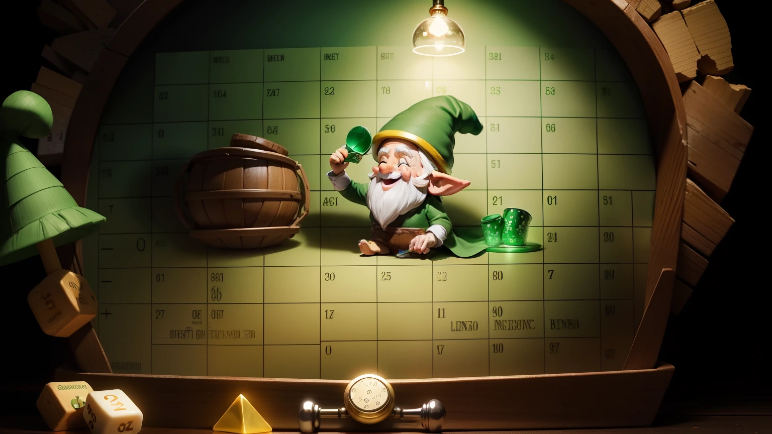 um duende feliz playing bingo , Gnome Duend Leprechaum jogando Bingo::3.3 , Feliz, arte diigital, ultra detalhado
