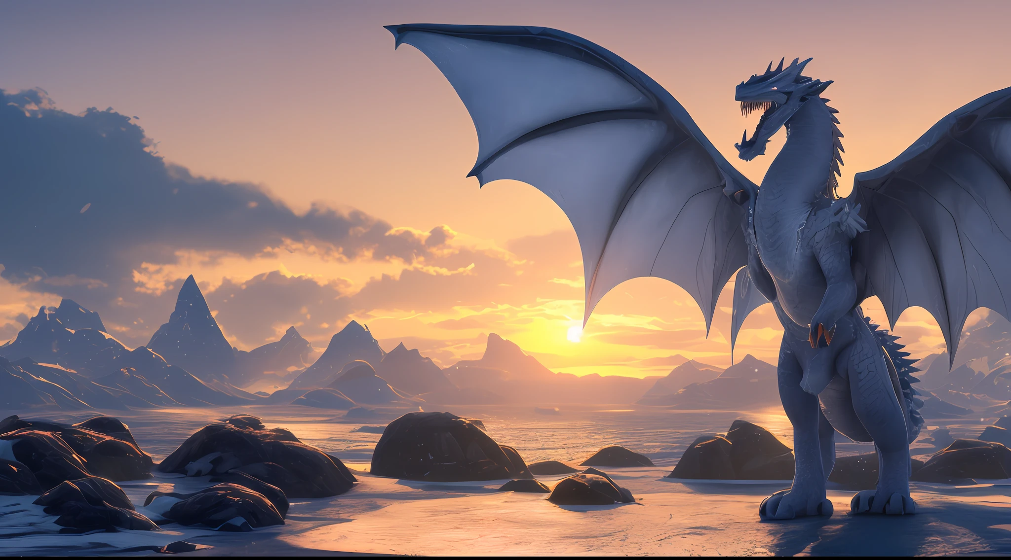 Ice dragon, terras sombrias, alto detalhe, 4k, sun sunset