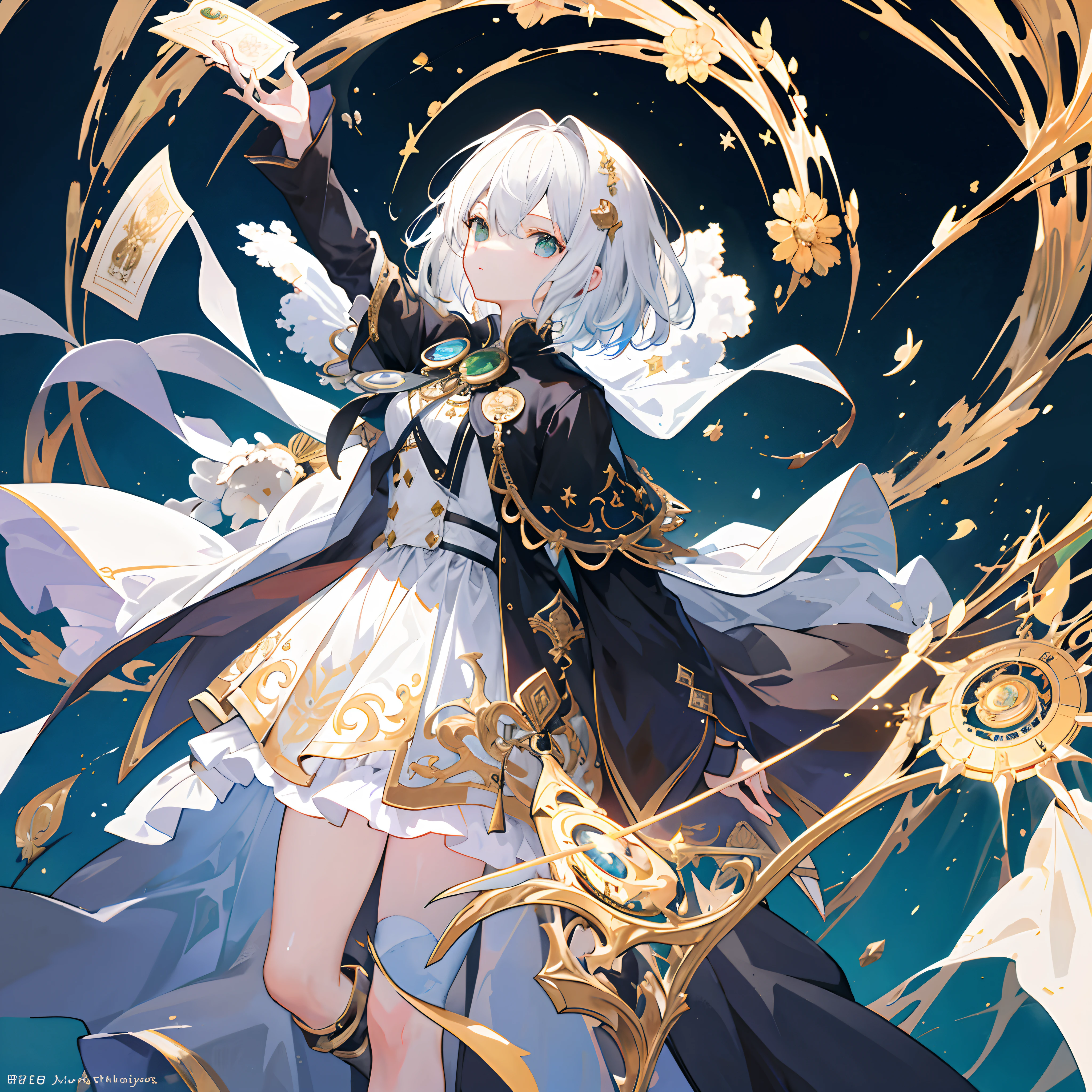 ((ultra - detailed)),((illustration)),((tmasterpiece)),(((Need))),((美丽细致的眼睛)),(the Extremely Detailed CG Unity 8K Wallpapers,best qualtiy,tmasterpiece),((4K,tmasterpiece,best qualtiy)),The girl with short white hair held a pitch-black scepter in her backhand,He held a handful of golden straw in his left hand,There is green liquid on the clothes,Alchemist,monocle,steam style,Black and gold high heels,Shuttling between frames,A can of alchemy floated beside him,Tarot cards fall from the sky,On his right hand hangs a black apple,Whole body diagram