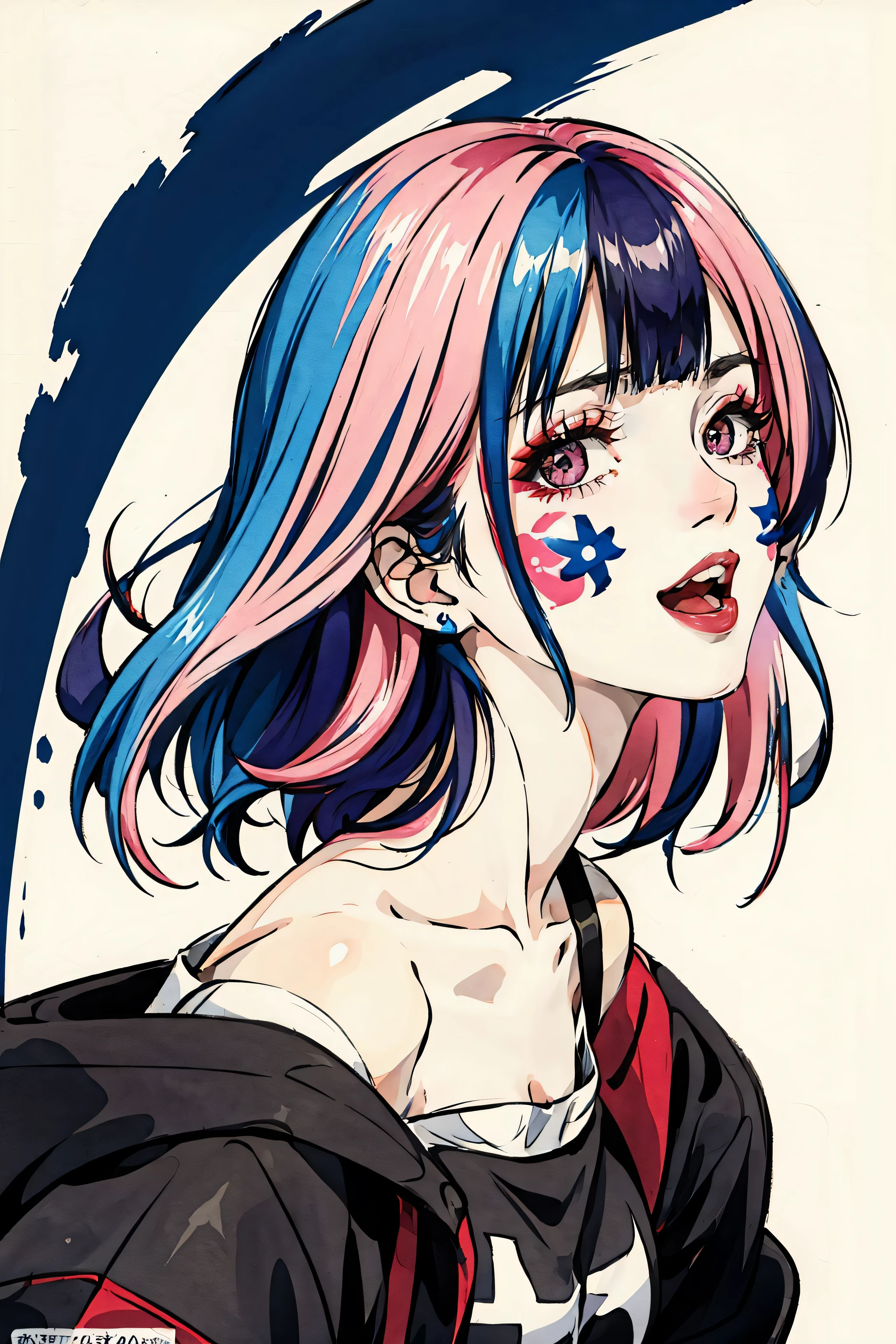 1girl,photorealistic,naughty face, multicolored hair, pink hair, blue hair,  rolling_eyes, cross-eyed, ahegao, open mouth, evil smile,