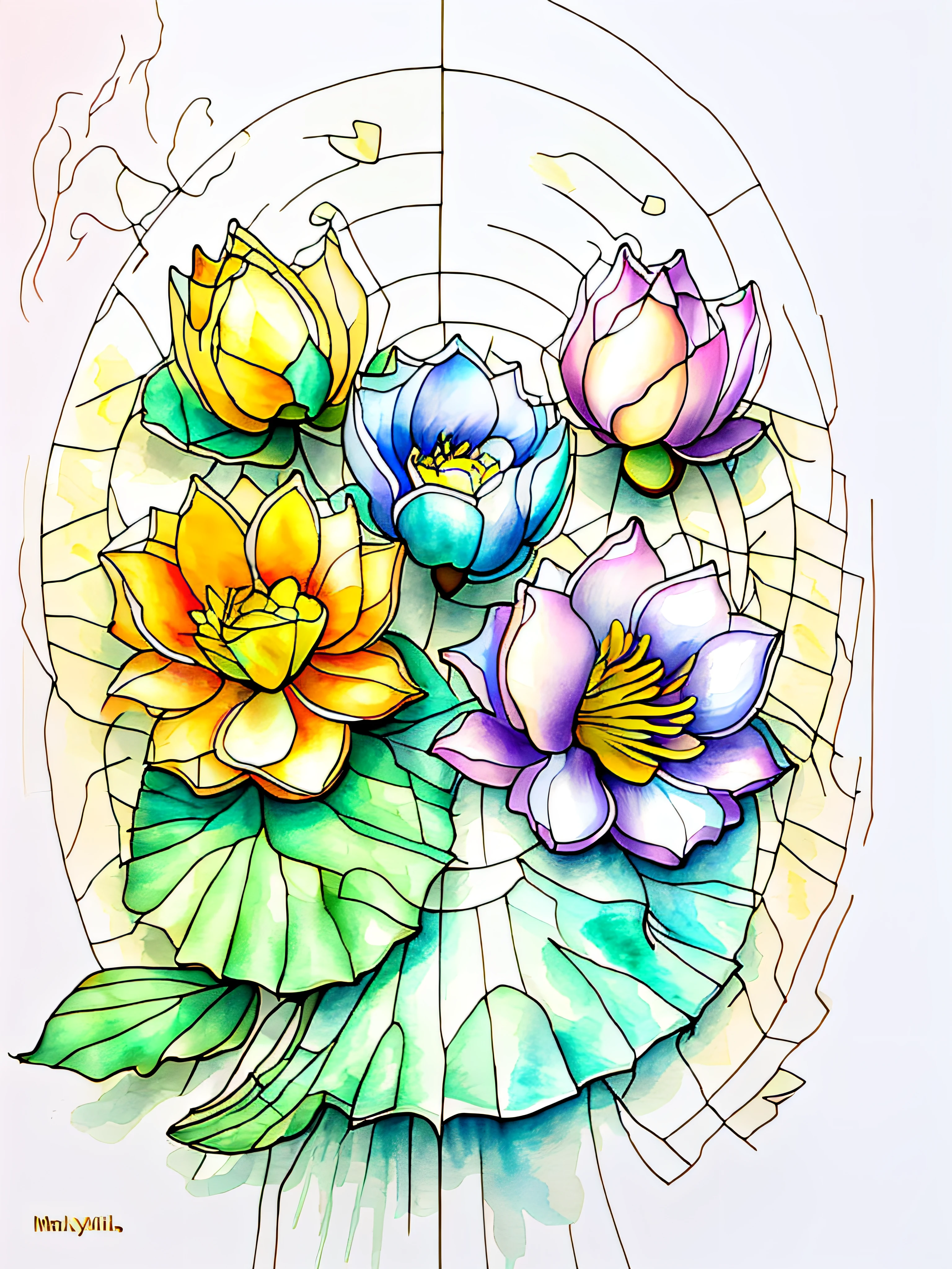 top view lotus flowers on the water surface, highly detailed render, concept art, depth of field, bokeh, octane render, sunny mystical atmosphere Elemental flowers, 32k, watercolor