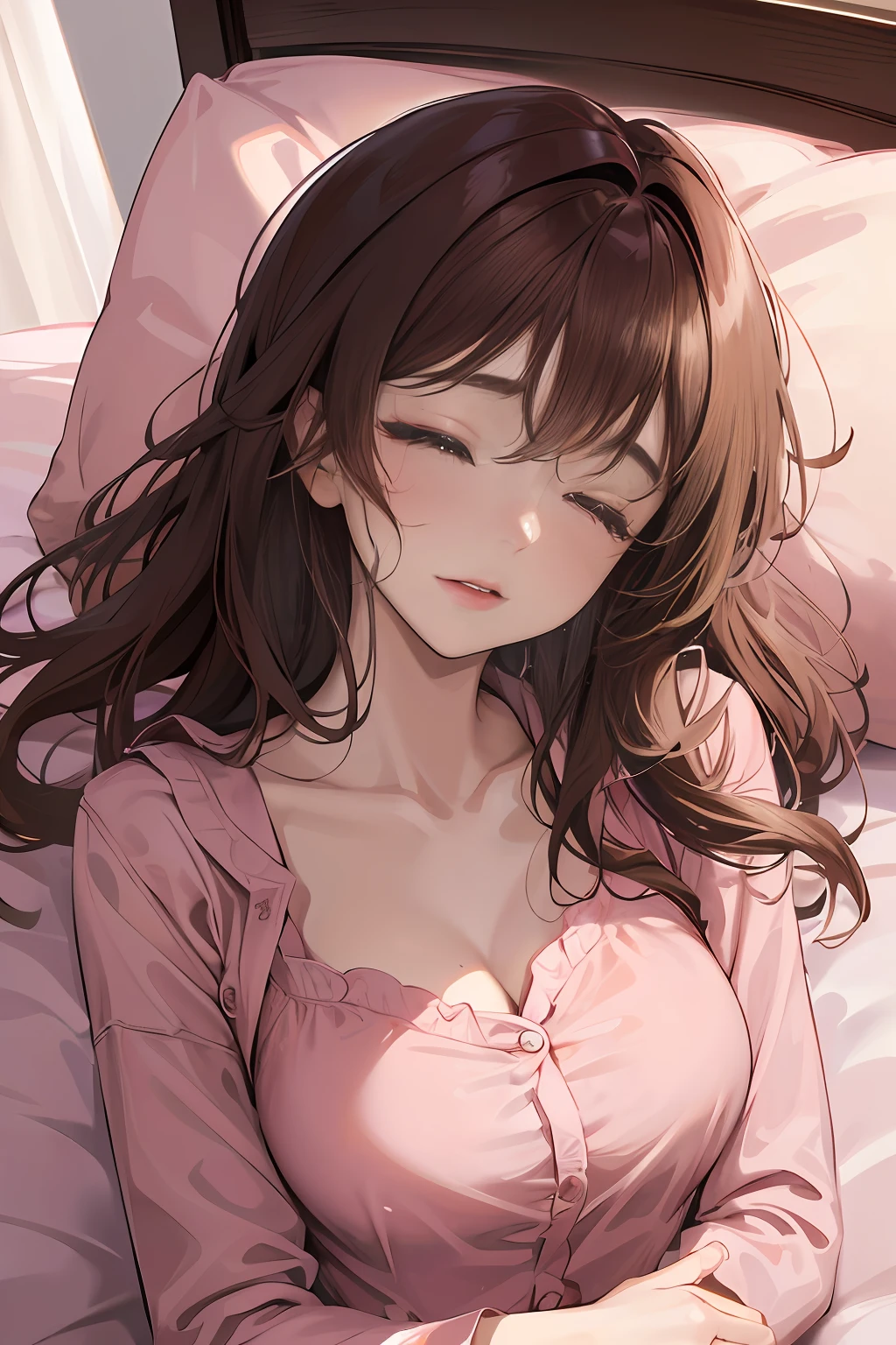 Sleeping girl，22 year old，realisticlying， in pink pajamas，brown  hair， Pajamas tugging， The collar is around the neck， janelas， waking up， morning， Be red in the face