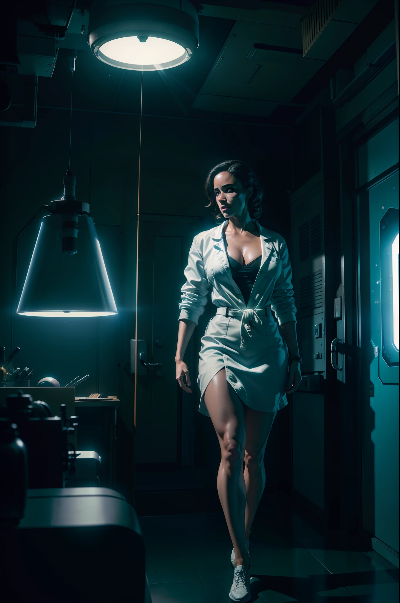 Hot Paula Patton as a scientist working on a Ishimura Space Ship in sci fi lab photography, natural light, photorealism, cinematic rendering, ray tracing, the highest quality, the highest detail, Cinematic, Third-Person View, Blur Effect, Long Exposure, 8K, Ultra-HD, Natural Lighting, Moody Lighting, Cinematic Lighting