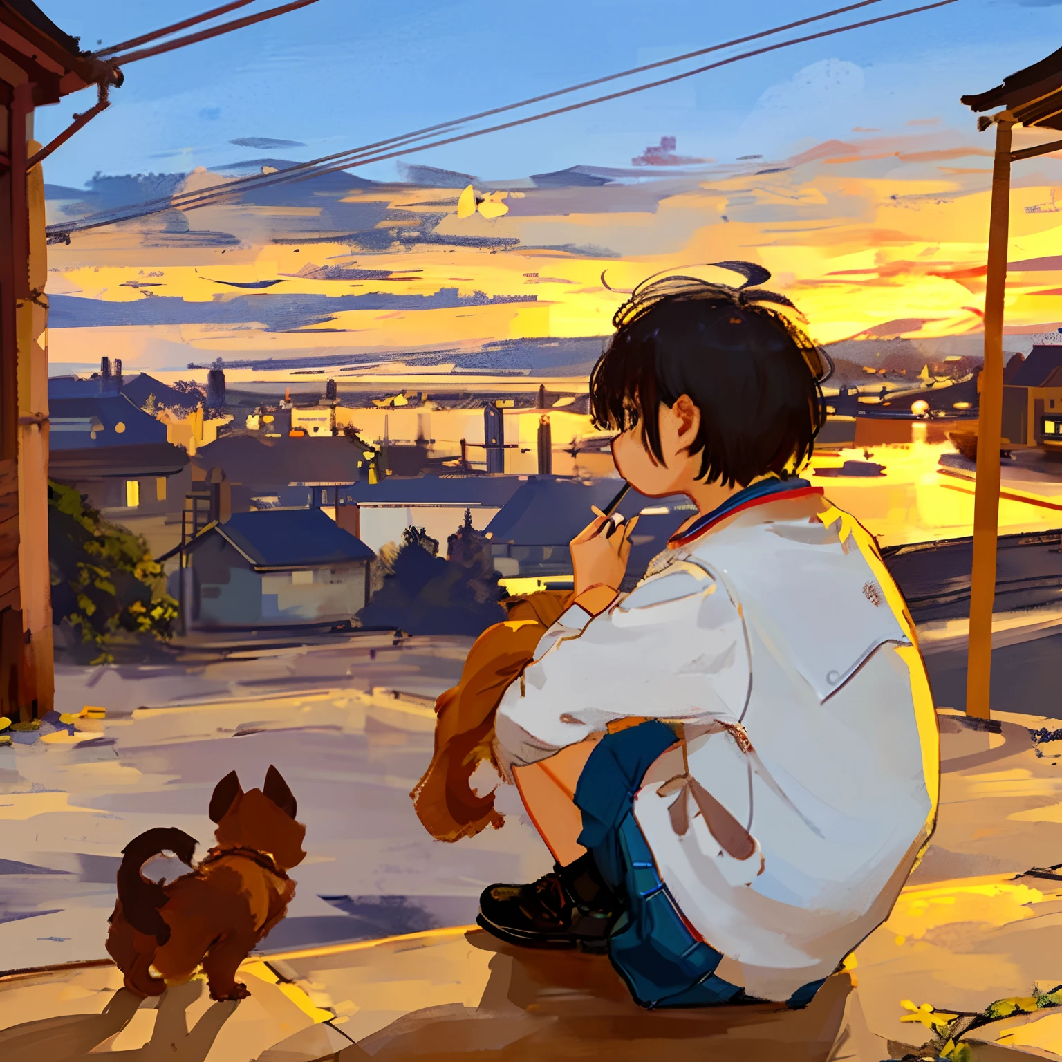 A melancholy  boy, sitting on the eaves, holding a lit cigarette in his hand, the village in the background, next to a small dog squatting on the ground, the sunset sunset, facing the camera, full body photo, super high definition