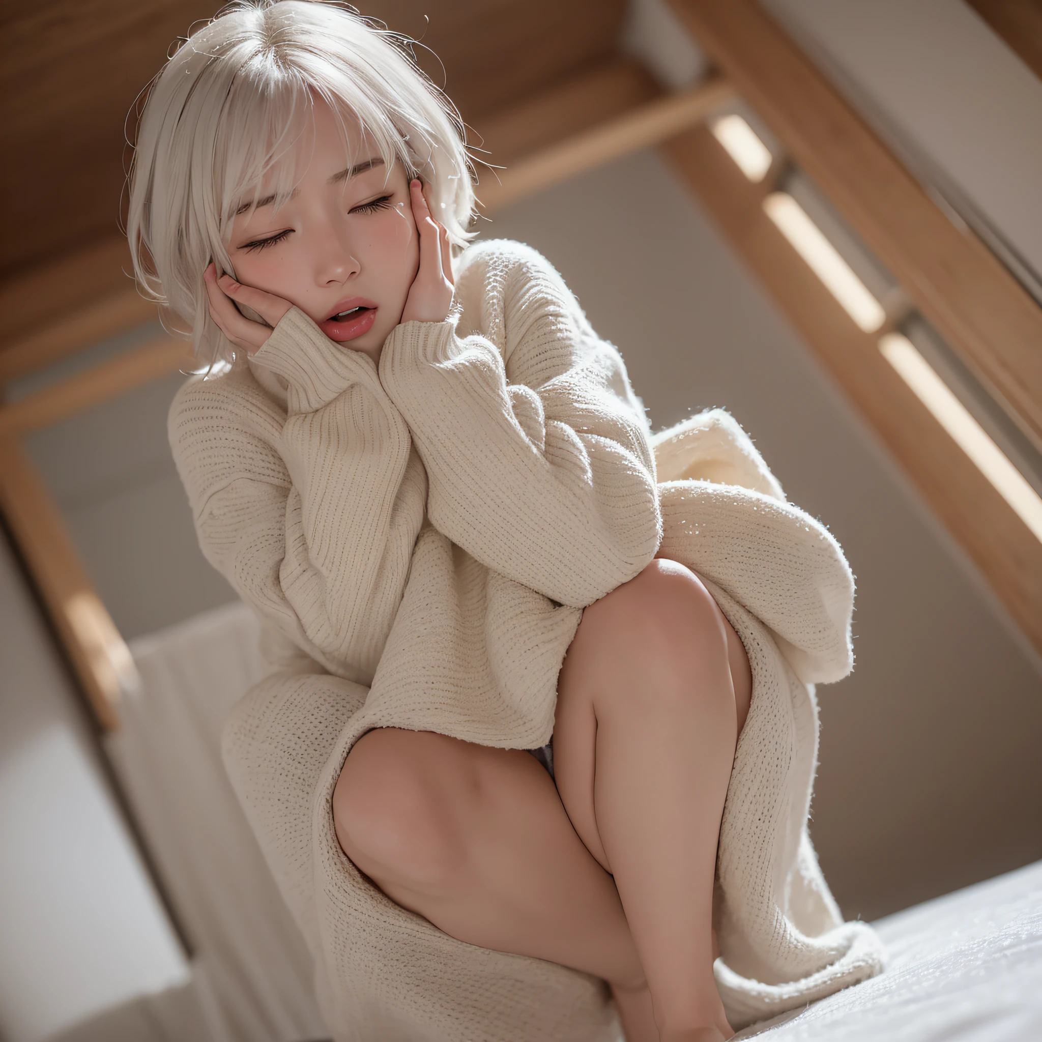 Japan girl, outdoor, snowy mountain, (heavy snow: 1.3), sexy sweater, so short hair, full body, one girl, closed eyes, ((very beautiful portrait)), (glowing skin))), RAW photography, (masterpiece, top quality, hyper detail, cinema lighting, intricate detail, high resolution, 8K, very detailed), detailed background, 8K UHD, DSLR, Soft Lighting, High Quality, Film Grain, Fujifilm XT3, Shallow Depth of Field, Natural Light, On Bed, Squatting Cowgirl, Vagina, POV, Open Mouth, Low Angle, Crying