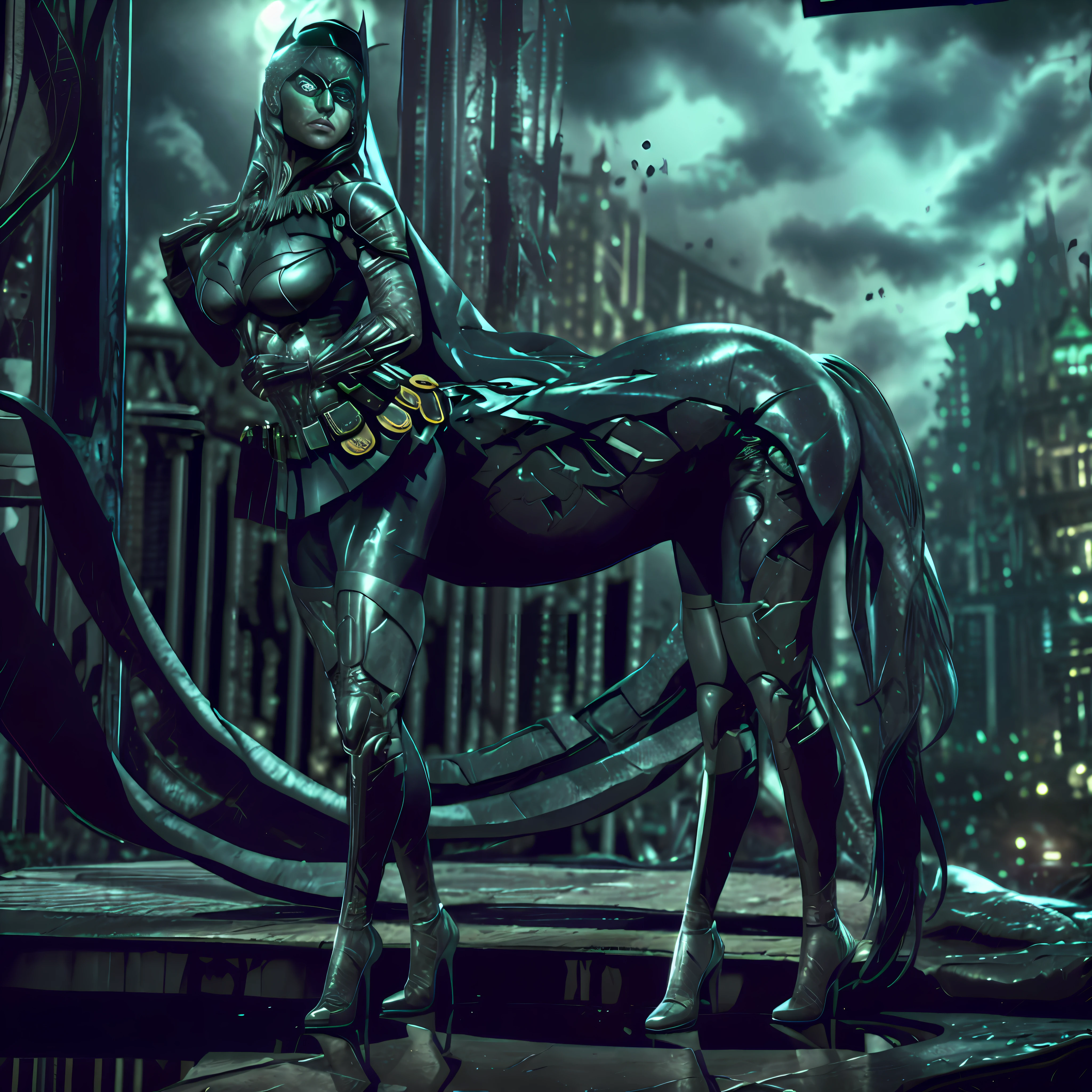 Batman from the dark knight stands imposing in a gothic lost city. Moonlight highlights your muscles and scars. The scenery is lush and mysterious, with futuristic tech and surroundings. The camera details everything, a warrior woman, in front of him.