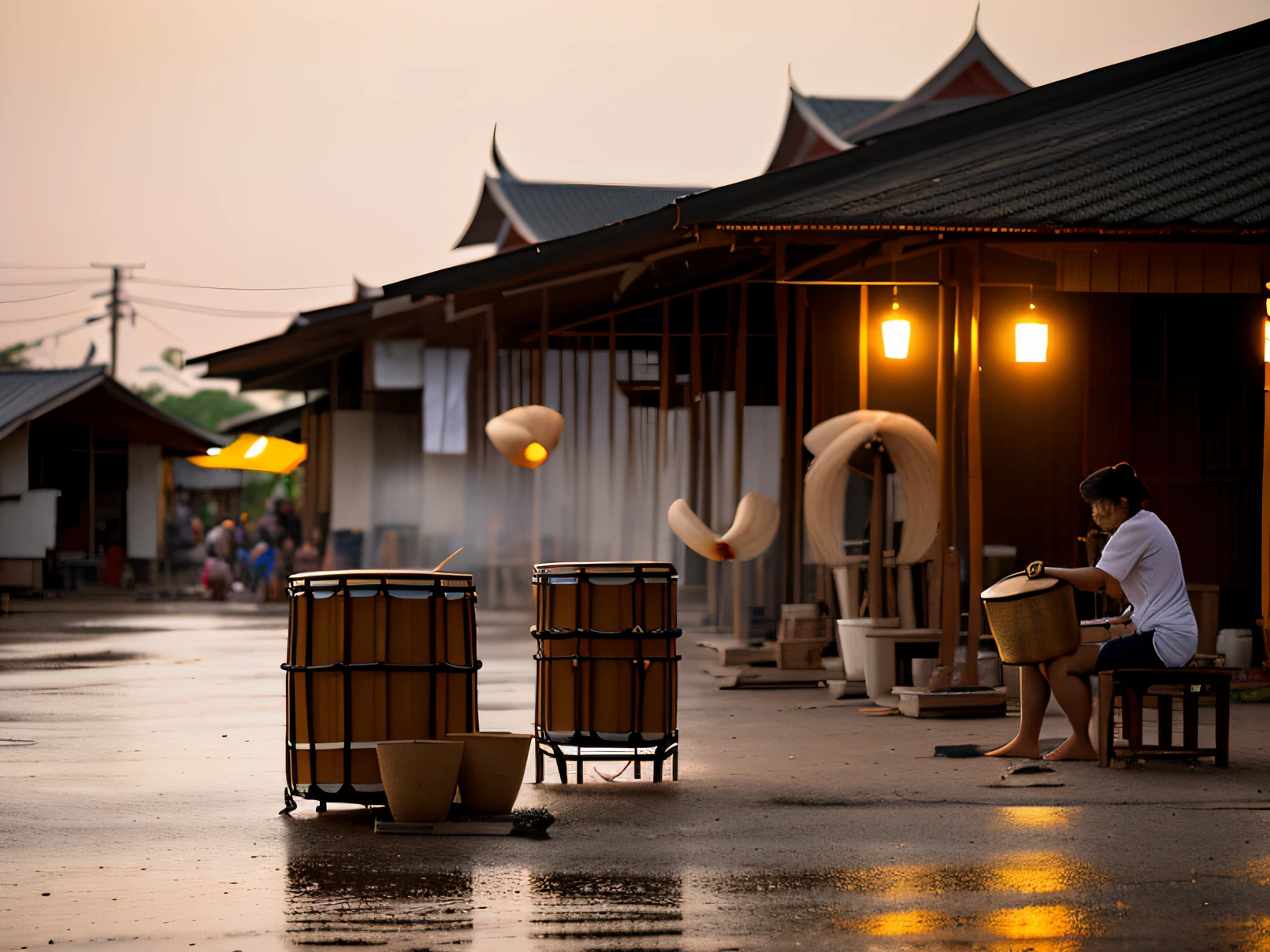 Pa Mok District, Ang Thong Province. Wide view, see Thai villages. International drum-making center Saw people making various drum styles.