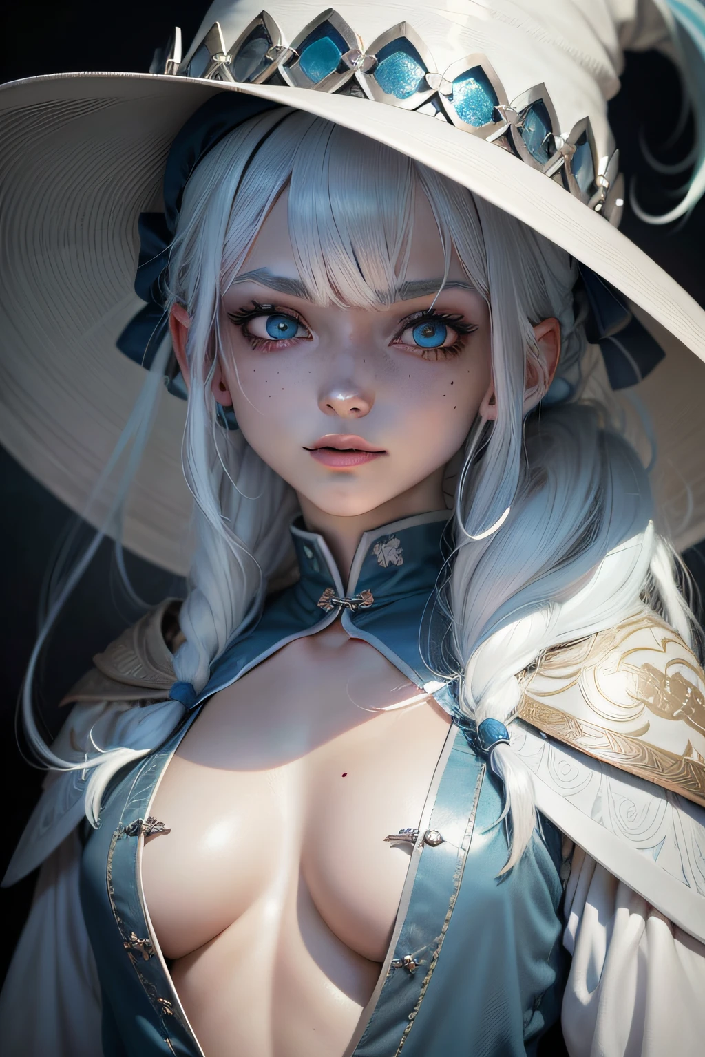 Kizi,White hair, Light blue hair, Parted bangs, hair on one eye, Moles under the mouth, Moles under eyes, aqua eyes,, Evil smile, High detail, surrealism, Chiaroscuro, Ray tracing, hyper HD, Masterpiece, ccurate, Textured skin, Super detail,Wizard's Hat,Japanese anime and manga style