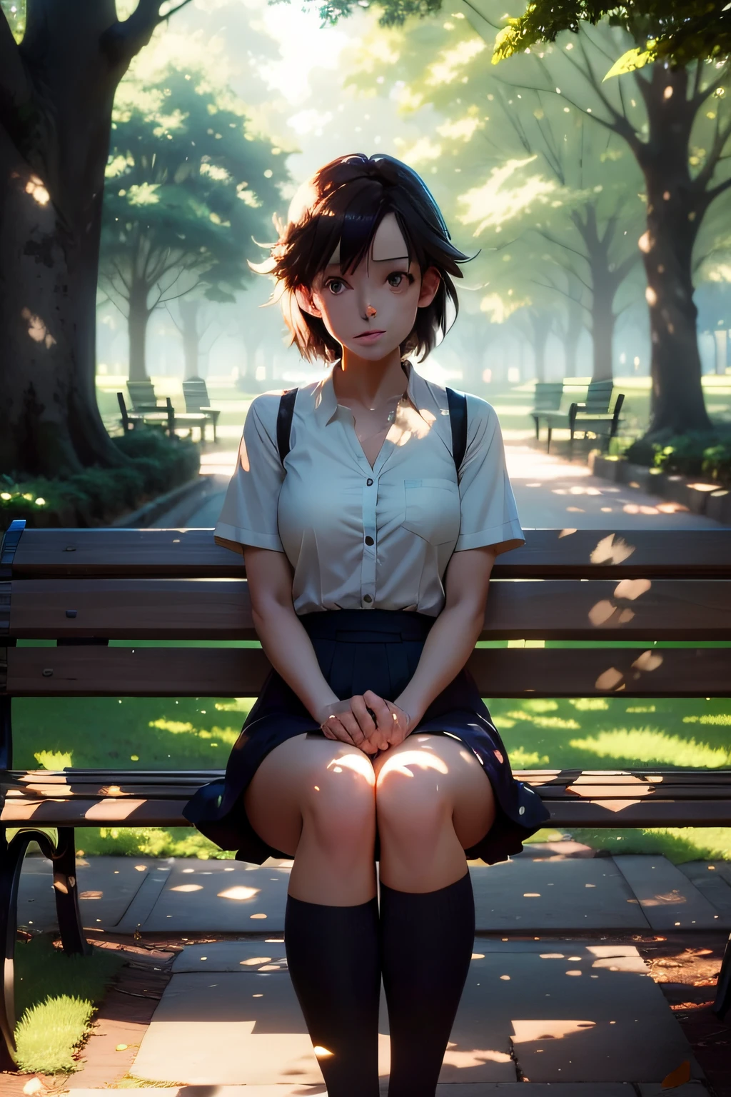 /imagine prompt: A person sitting on a bench in the park, with sunlight streaming through the gaps in the leaves, creating beautiful dappled light and shadow, by Makoto Shinkai --niji 5