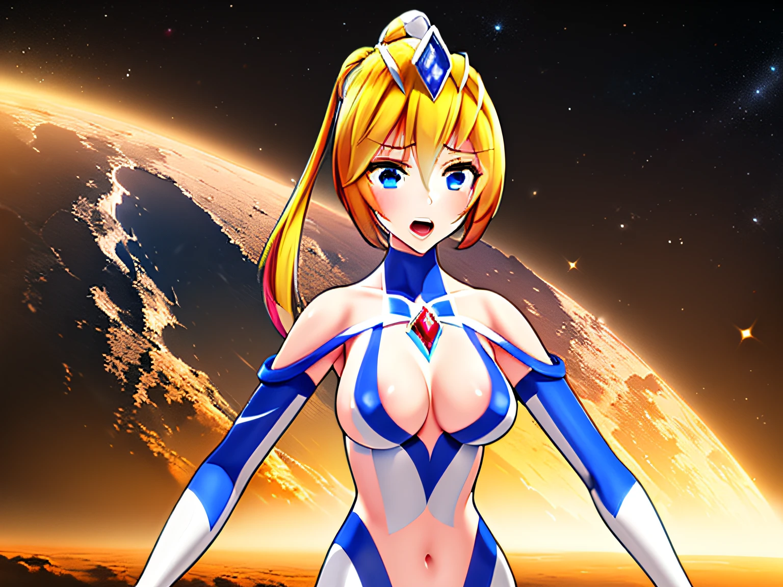 masterpiece, High quality, 1girl in, Solo, breasts, gloves, Blonde_hair, hand armor, Medium_breasts, Elbow_gloves, cleavage, blue ultraman body suits, (((red gem, gem))), space, earth (planet) in background, upper body, open mouth, ((breasts aparts, breast focus, red gem)), blue eyes, ponytail,