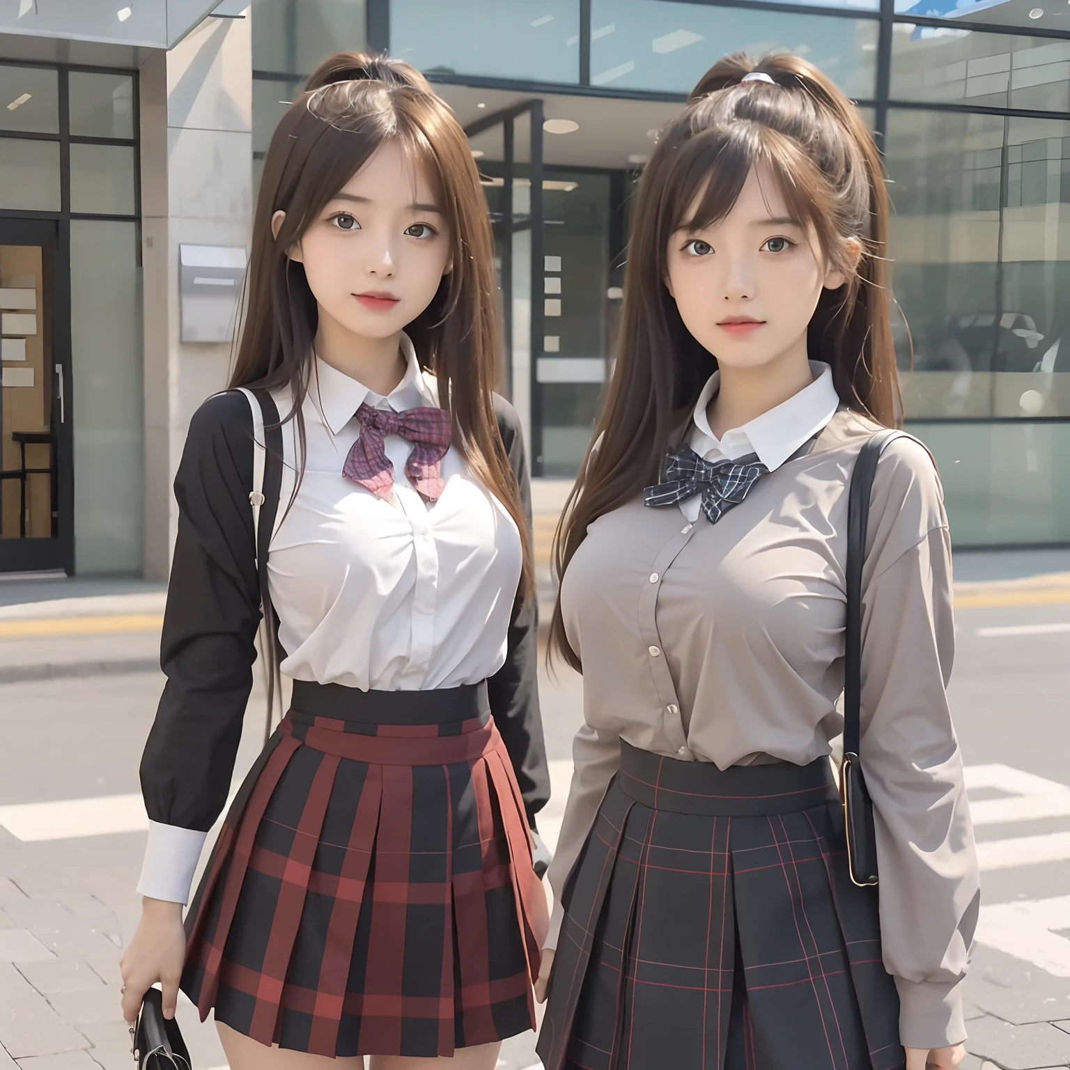 （8K，best qualtiy，tmasterpiece：1.2），realisticlying，超高分辨率，intricately details， 1girll，beautiful  face，JK，neck bowtie，Superskirt，Plaid skirts，pleatedskirt，Superskirt，Big breasts Thin waist，Bigchest，standing on your feet，wide wide shot，hyper realistic schoolgirl，hyper realistic schoolgirl，Realistic anime 3 D style，Realistic schoolgirl，Smooth anime CG art，Beautiful Anime High School Girls，magic school，Photorealistic anime，Realistic young girl，