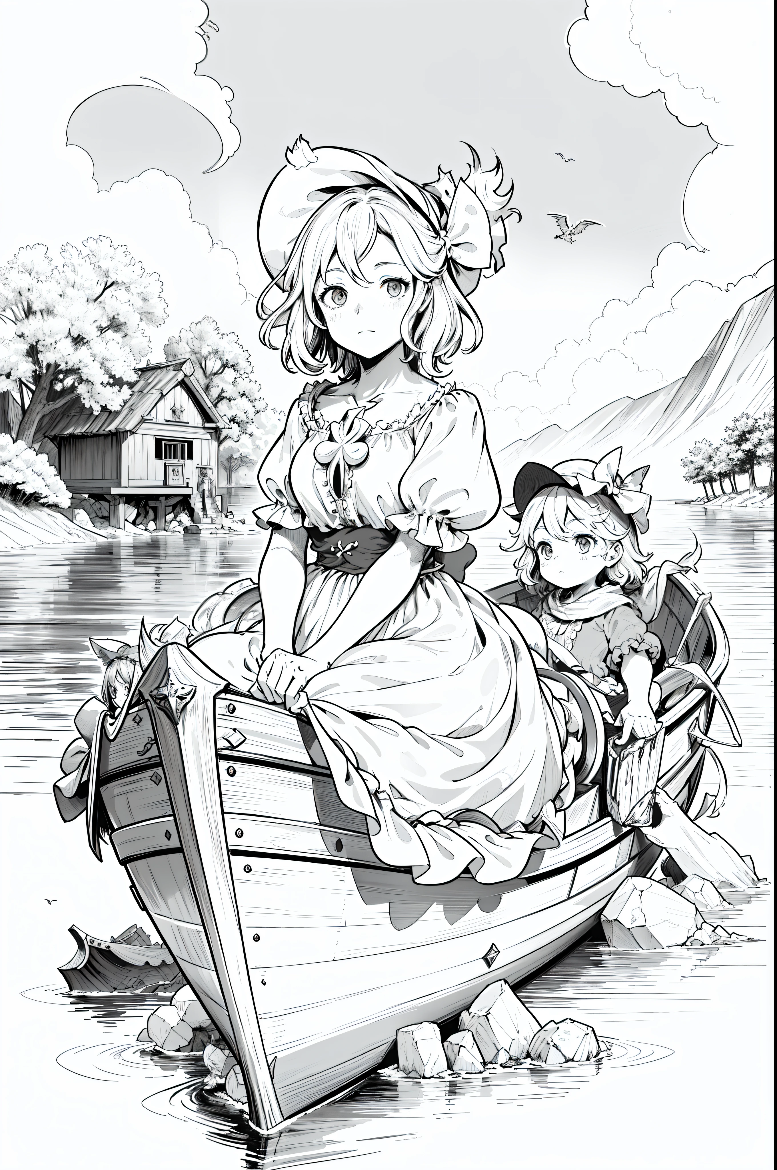 Sketch of woman and child on boat on lake, Boris Vallejo. Octopath Traveler, Official illustration, octopath traveller style, highly detailed exquisite fanart, from bravely default ii, extremely fine ink lineart, offcial art, Official artwork, beautiful line art, artbook artwork, octopath voyager, high detailed official artwork, from touhou