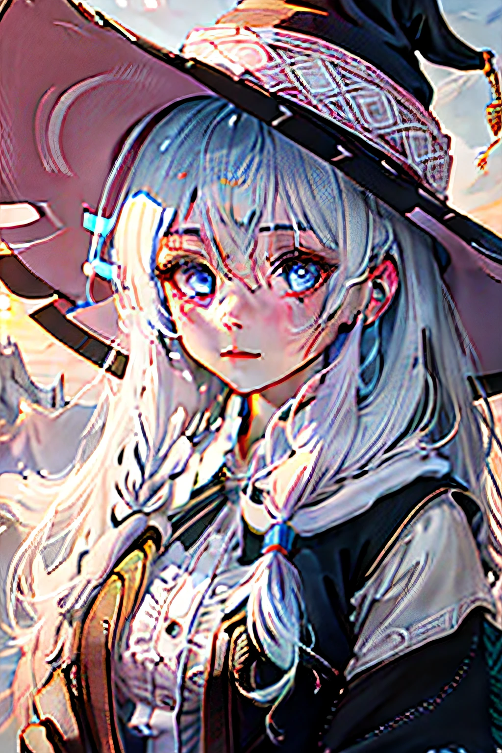 Kizi,Ice-white hair,Refreshing light blue hair,Parted bangs,Mole spots under the mouth,There is also a mole spot under one eye,Bright eyes with aqua blue,Evil smile,The picture is of high quality,Surrealist presentation,The contrast between light and dark is obvious,Ray tracing effect,ultra HD picture quality,A masterpiece,Precise details,Skin is delicate and textured,Super nuanced,Cute image in a wizard's hat,Inspired by Japanese anime and manga style,Wear the gorgeous costume of a magician。