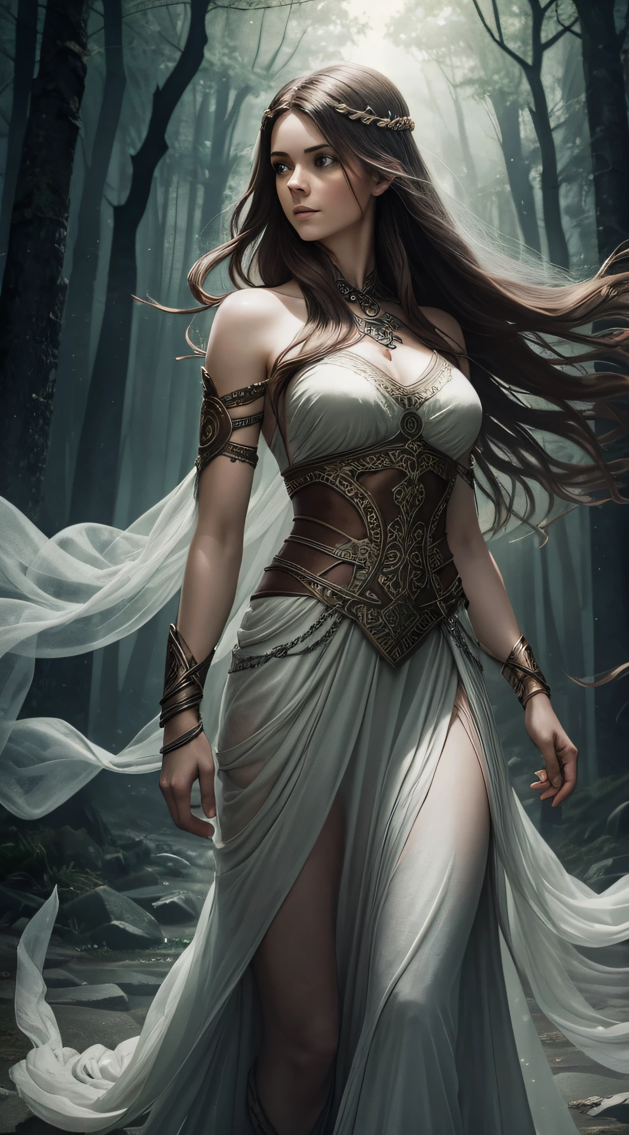 (masterpiece), (best quality), (ultra-detailed), (masterpiece:1.2), ((Hair: half black, half white)), (best quality), (ultra-detailed) Celtic Warrior Woman, Stone Ruins, Tall and Slender, Flowing Dress with Celtic Knot Jewelry, Procreate, Watercolor Technique, Poster Design, 300 DPI, Soft Lighting, Ethereal Art, Mysterious, Serene Expression, Enchanting Atmosphere, bokeh, photo, 8k, dark, dynamic action, pale washed out style, dreamy nostalgic, soft focus, dark vignetting, light leaks, medium photography, gloomy artistic painterly ethereal, whimsical, coarse grain photo
art germ and James jean. focus tilt-shift camera.