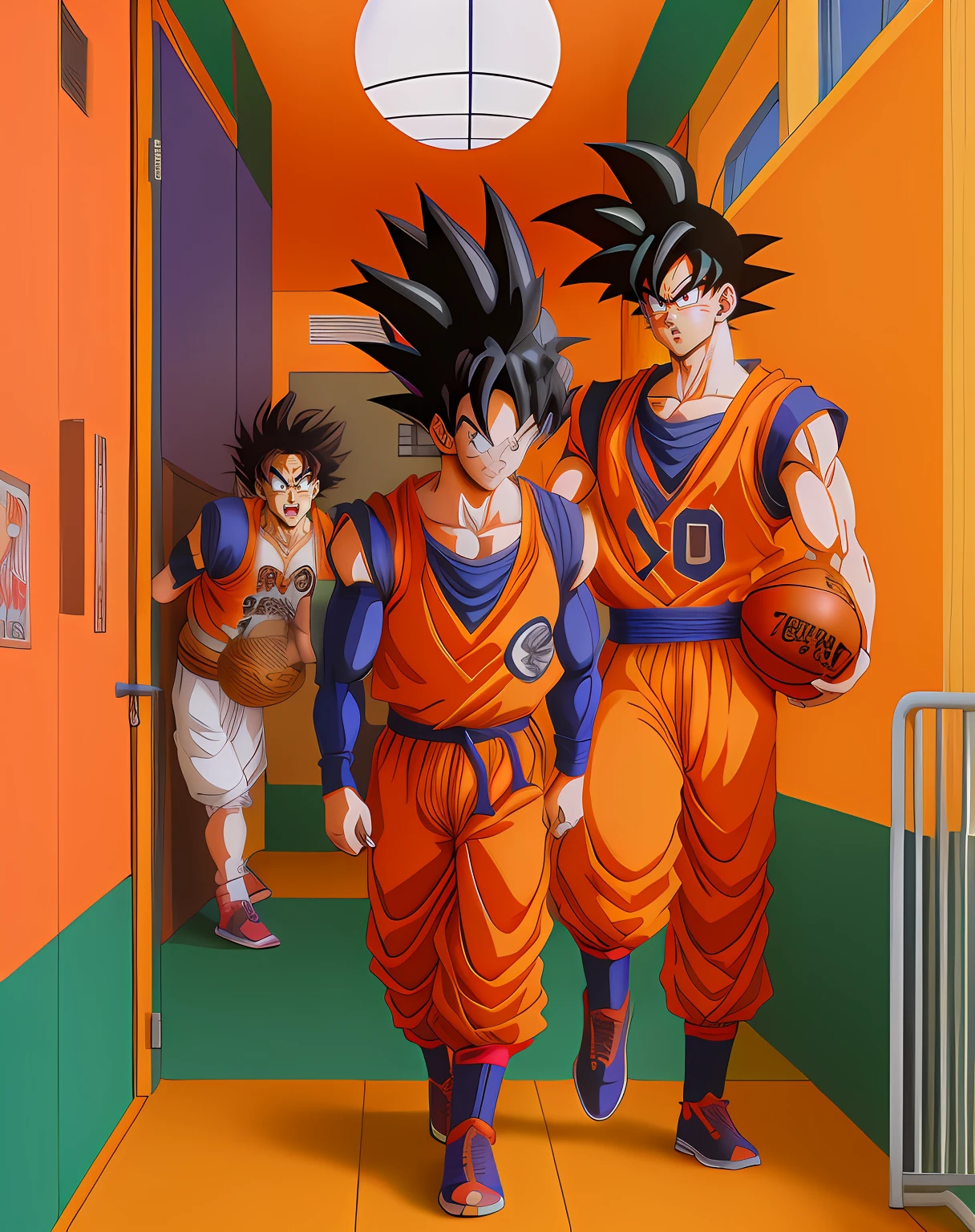 anime characters walking in a hallway with a basketball ball, 1boy,goku,Jump up, throw the ball into the basket, play basketball, dragon ball style, epic anime style, 90s anime style, 9 0 s anime style, dragon ball artstyle, dragon ball z style, anime style only, inspired by Akira Toriyama,