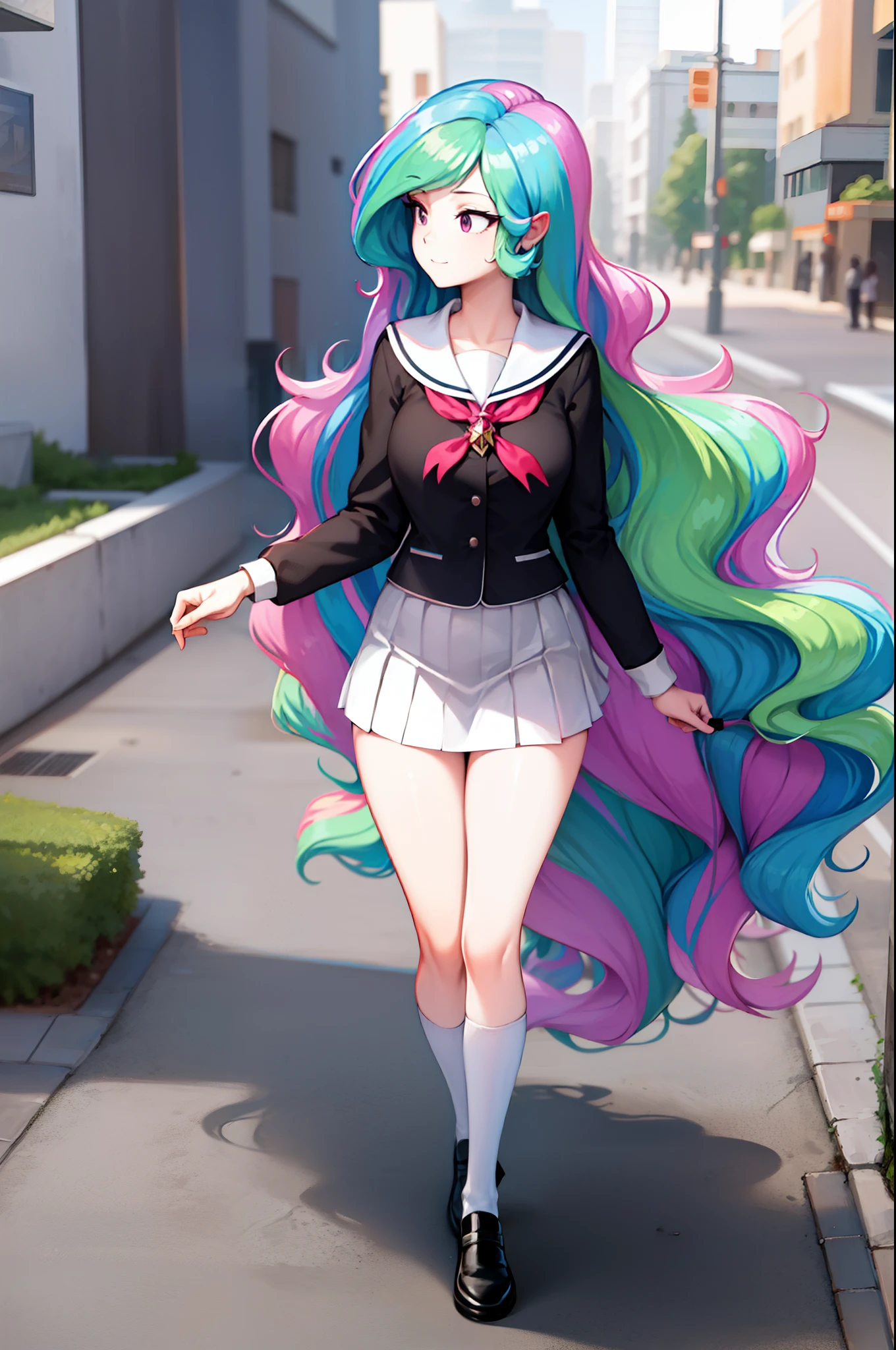 (from front), walking princess_celestia wearing a black school uniform, looking away, scene is city street, masterpiece, best quality