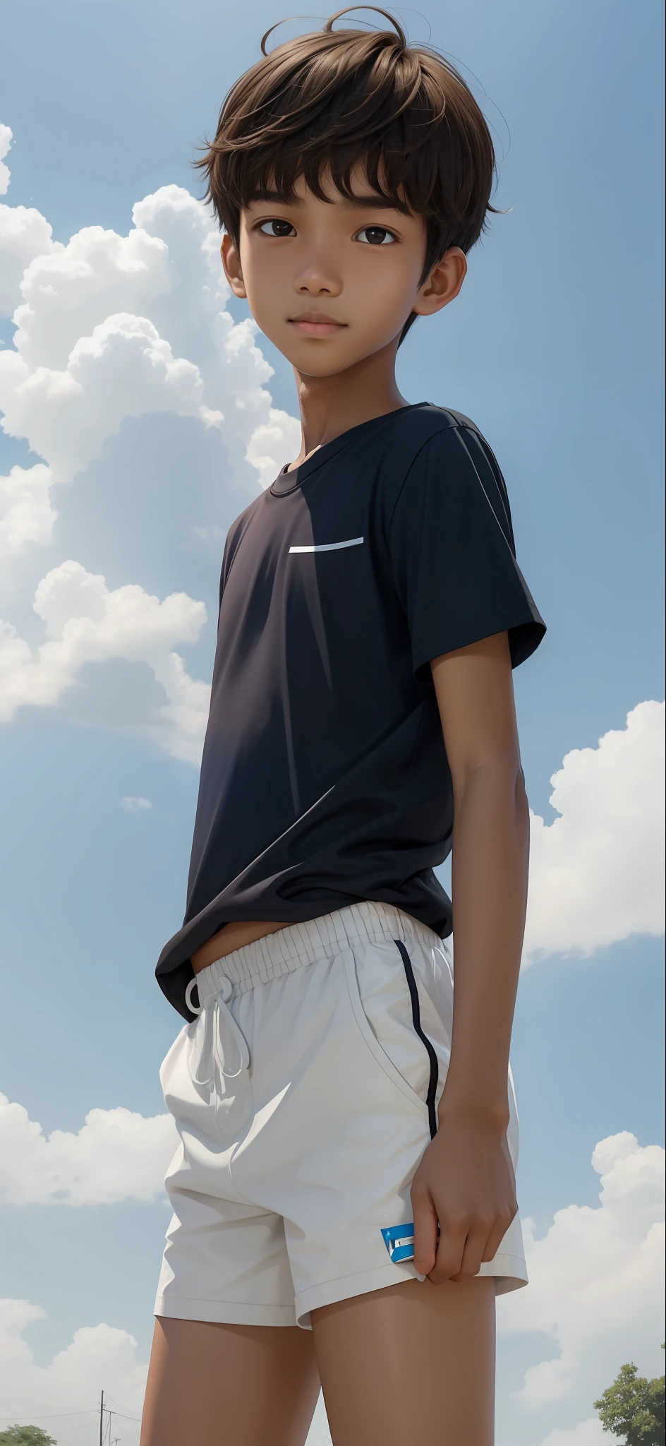 A 14-year-old boy，Light brown skin，White mini shorts，Slender legs，largeeyes，short detailed hair，Tall and thin，Melon seed face，ssmile，In a dark background，Sky blue T-shirt
