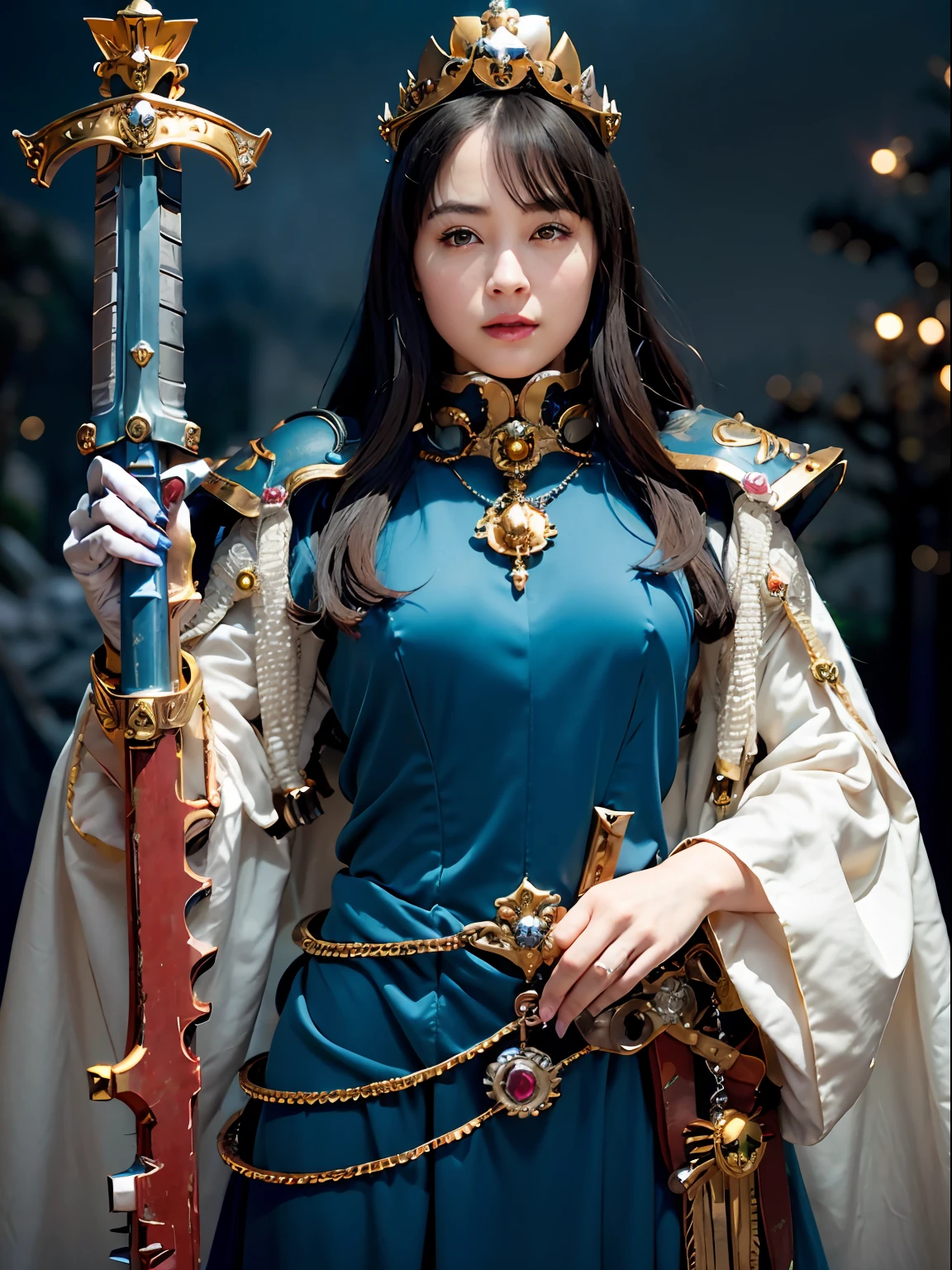 (masutepiece), Professional , ​masterpiece、top-quality、photos realistic , depth of fields （Gemstone Silver Metal Body:1.９),(Matte Blue、Jewel Gold Weapon（Jewel Metal Body:1.４),Gorgeous metal weapons , Detailed Sword of the Brave ,forested background、 Beautiful knife   ,warhammer 40k , adepta sororitas,Detail and ornate jewel crown、Black hair、Gangle's forest background、Beautiful Caucasian beauty、１a person、dynamic ungle,(((Detailed and ornate diamond crown)))、a small face、A smile、Take a sexy pose、Background inside the castle、Thin and beautiful female hands、