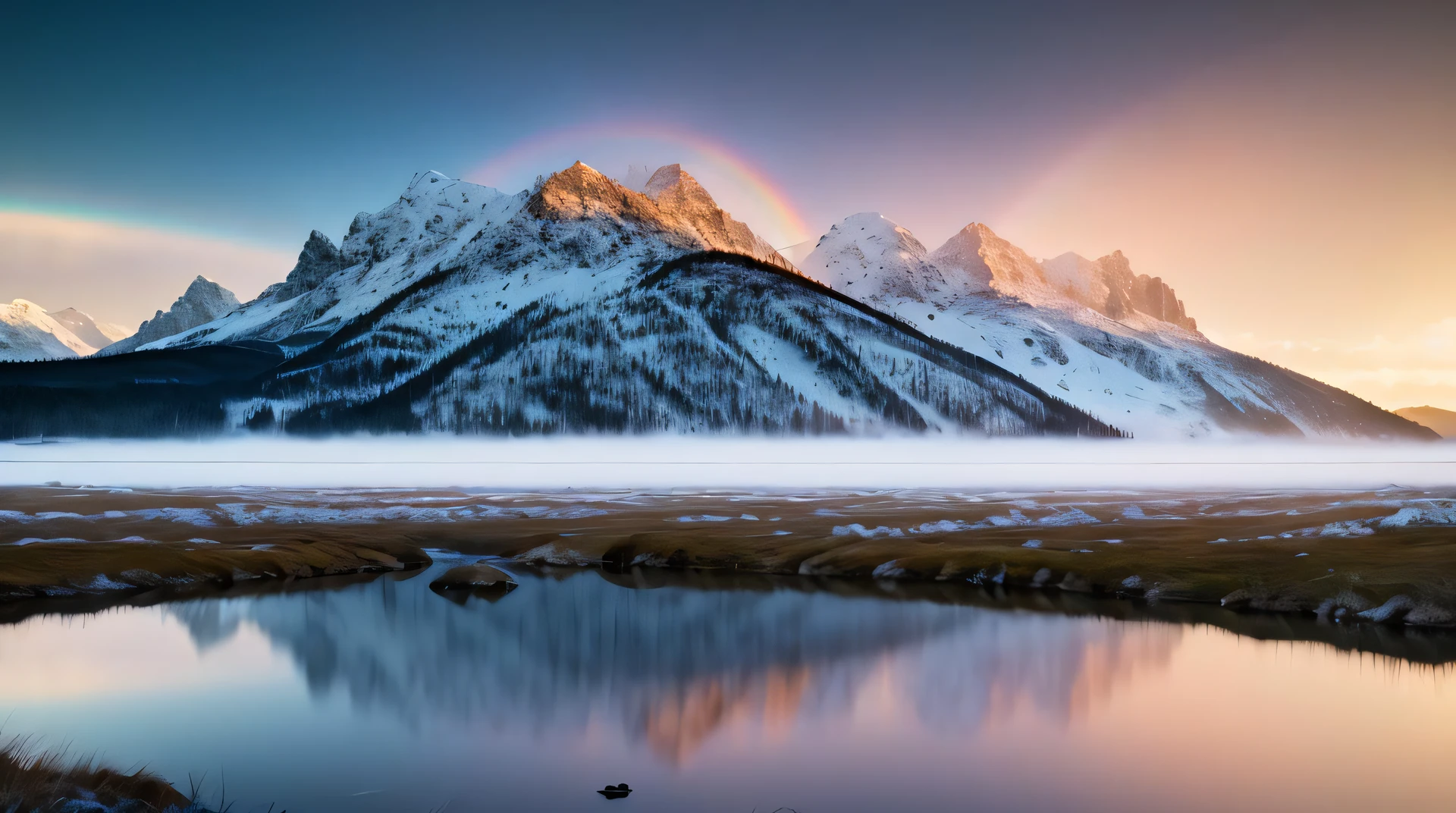 HDR 4K, landscape Photography, A rainbow over a mountain lake surrounded by snow capped peaks, Chromatic, Comic Book, Floral, ambient light, backlight masterpiece, realistic, award winning, volumetric light and fog, subsurface scattering, caustics, bloom, perfect exposure, perfect composition, rule of thirds, 8k, hdr10, cinematic, breathtaking, ray tracing, raw image, best quality, atmospheric scene, diffuse lighting, natural soft colors, hyperrealistic, (rutkowski),