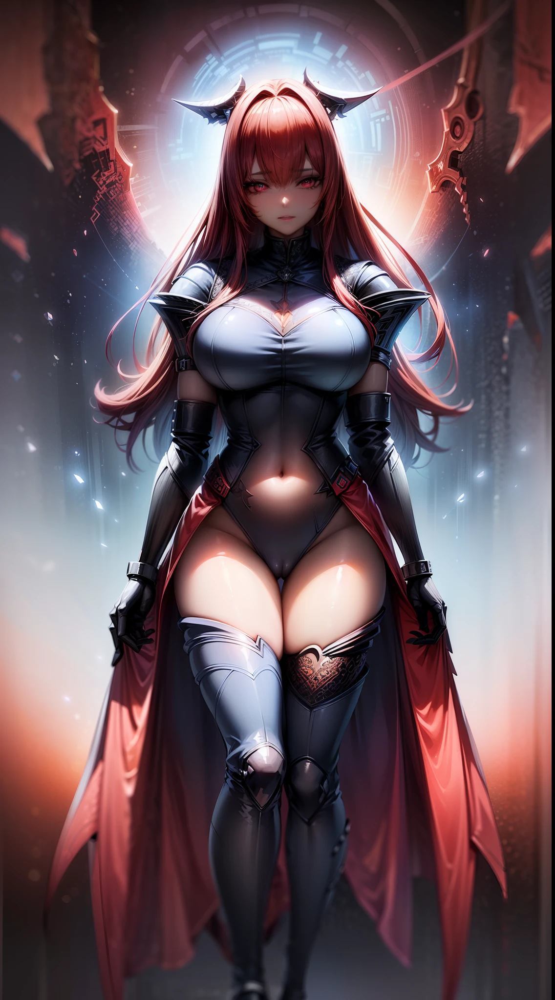 bright ultramarine blue futuristic demon warrior (queen) girl in coverall armored suit (((skirt))) (((mantle))) with sword, (fluffy fur mantle), magic, ((lacy)), futurism, cyberpunk, silk, fur, (stockings), (decollete), navel, natural breasts, slim body, zettai ryouiki, ((((medium length dull scarlet hair)))), red hair, (beautiful detailed bright magenta eyes), portrait, (beautiful and aesthetic:1.2, fractal art:1.4), most realistic, hyper-realistic, RAW, highest quality, best quality, Detailed, Realistic, 4k highly detailed digital art, octane render, bioluminescent, (cool_color), best pixels, 8k ultra, extremely detailed CG unity 8k wallpaper, cinematic lighting