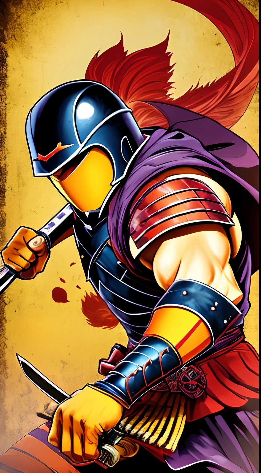 (8k), Ultra resolution 8K, Impresionante obra maestra, de un guerrero samurai fusionado con un guerrero ninja, Powerful Hero, Warrior Prince,Samurai costume fused with ninja style,Warrior Athletic Corps, armadura muy bien detallada,((sostiene una katana)), cinematic lighting,action pose, agregar efecto al final,Mythical background