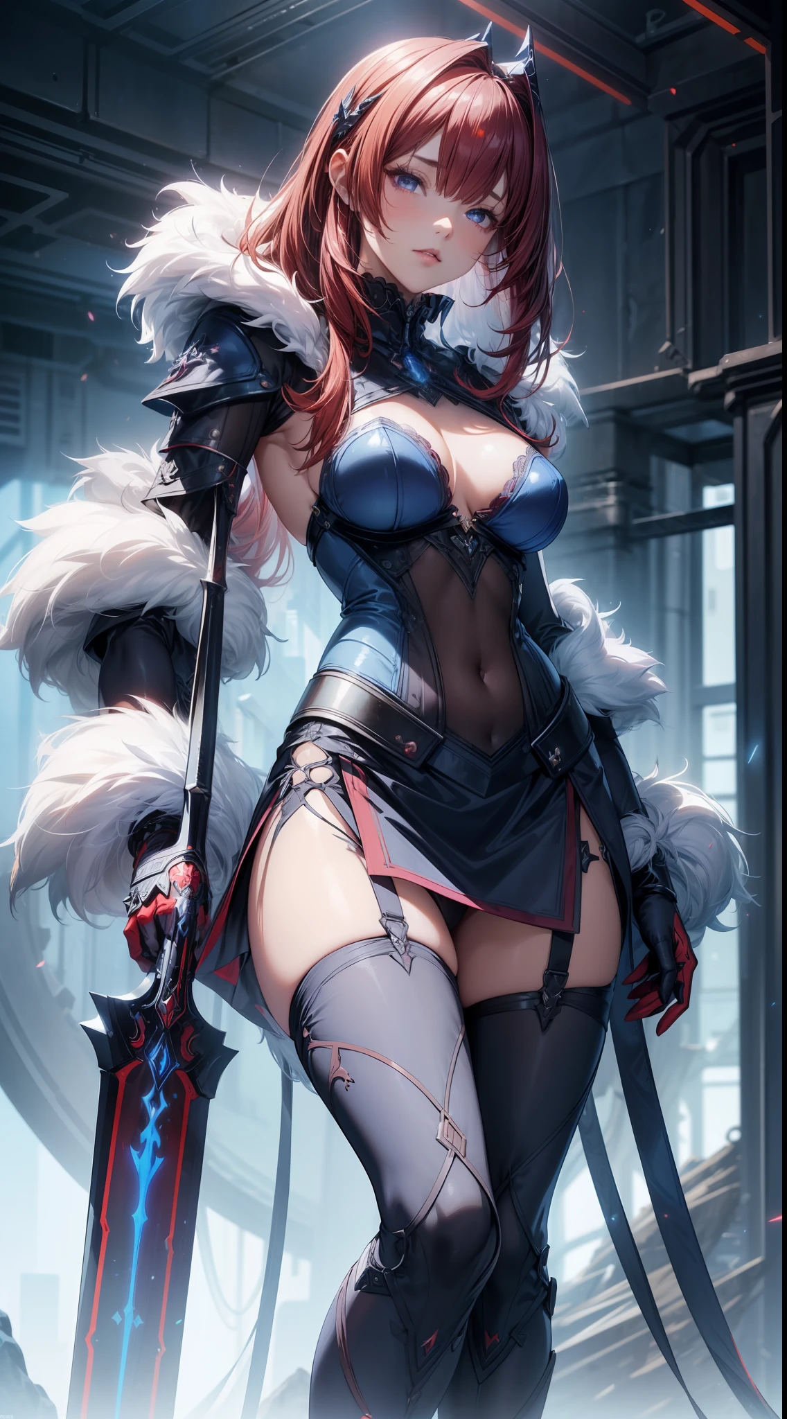 bright ultramarine blue futuristic demon warrior (queen) girl in coverall armored suit (((skirt))) (((mantle))) with sword, (fluffy fur mantle), magic, ((lacy)), futurism, cyberpunk, silk, fur, (stockings), (decollete), navel, natural breasts, slim body, zettai ryouiki, ((((medium length dull scarlet hair)))), dull red hair, (beautiful detailed bright magenta eyes), portrait, (beautiful and aesthetic:1.2, fractal art:1.4), most realistic, hyper-realistic, RAW, highest quality, best quality, Detailed, Realistic, 4k highly detailed digital art, octane render, bioluminescent, (cool_color), best pixels, 8k ultra, extremely detailed CG unity 8k wallpaper, cinematic lighting