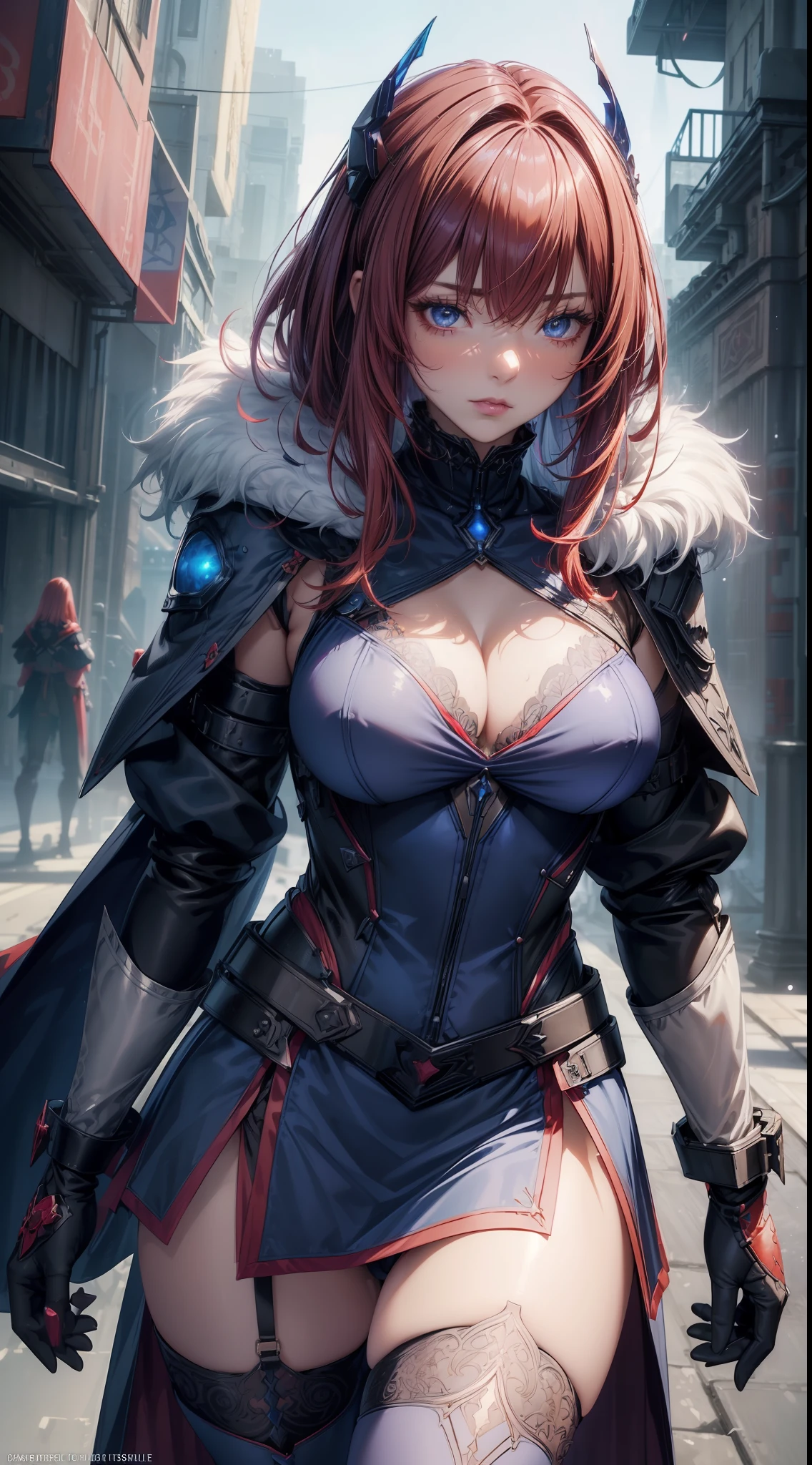 bright ultramarine blue futuristic demon warrior (queen) girl in coverall armored suit (((skirt))) (((mantle))) with sword, (fluffy fur mantle), magic, ((lacy)), futurism, cyberpunk, silk, fur, (stockings), (decollete), navel, natural breasts, slim body, zettai ryouiki, ((((medium length dull scarlet hair)))), dull red hair, (beautiful detailed bright magenta eyes), portrait, (beautiful and aesthetic:1.2, fractal art:1.4), most realistic, hyper-realistic, RAW, highest quality, best quality, Detailed, Realistic, 4k highly detailed digital art, octane render, bioluminescent, (cool_color), best pixels, 8k ultra, extremely detailed CG unity 8k wallpaper, cinematic lighting