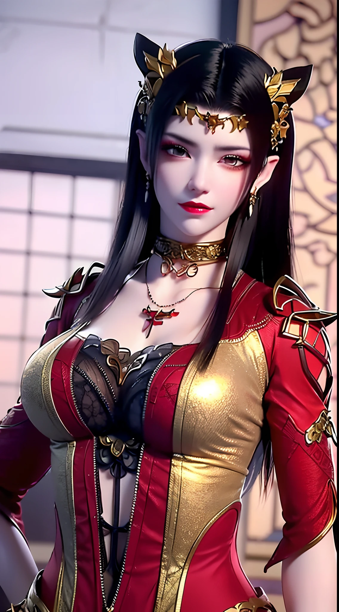 1 very beautiful queen medusha in hanfu dress, thin red silk shirt with many yellow motifs, black lace top, long hair dyed black, beautiful hair jewelry, pretty face pretty and cute, perfect face, earring jewelry, light purple rabbit ears, antique jewelry, big red eyes, sharp eye makeup, meticulous makeup eyelashes, thin eyebrows, nose tall, pretty red lips, no smile, pursed lips, rosy cheeks, breast augmentation, wide breasts, big breasts, well-proportioned breasts, slim waist, red mesh stockings with black lace, Chinese hanfu style, fictional art patterns, colors vivid and realistic, RAW photos, realistic photos, ultra-high quality 8k surreal photos, cool photos, (virtual lighting effects: 1.8), 10x pixels, magic effects (background): 1.8), super detailed eyes, beautiful girl body portrait, girl alone, ancient hanfu background, looking directly at the audience, wide original photo, 8k quality, super sharp, detailed and clear picture best, detailed light background,