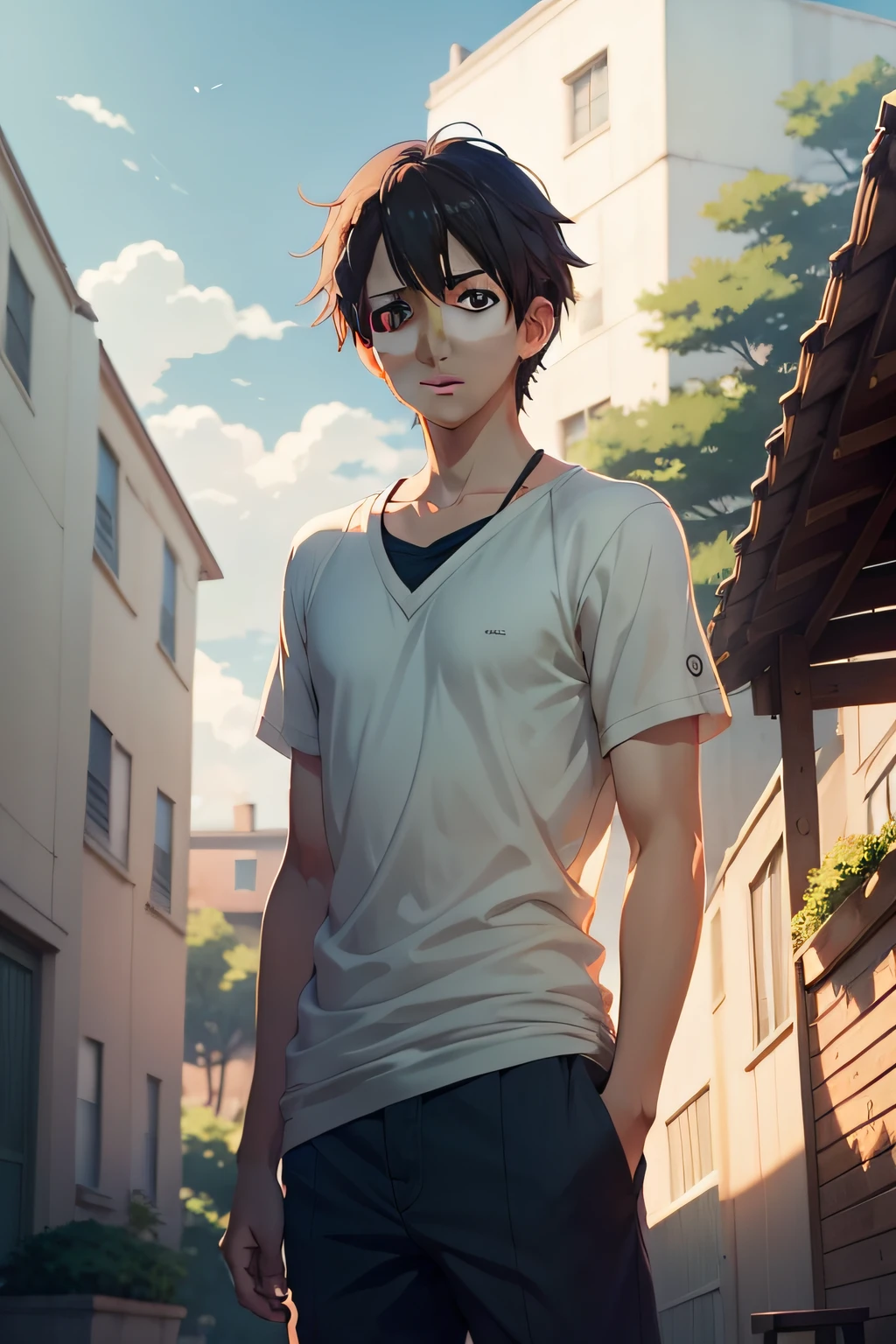 /imagine prompt: Suddenly, a breeze blows and a boy's gaze falls on me, by Makoto Shinkai --niji 5