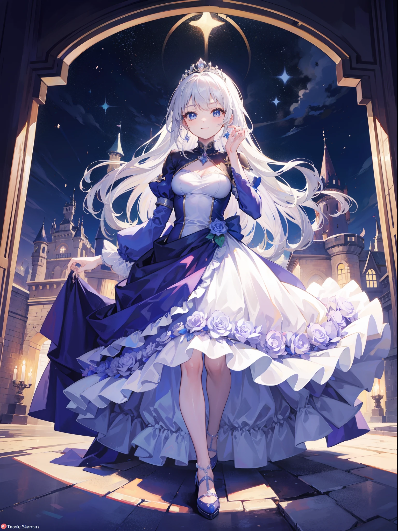 castle,1Girl,smile,Full body layout,tiara,dress,princess