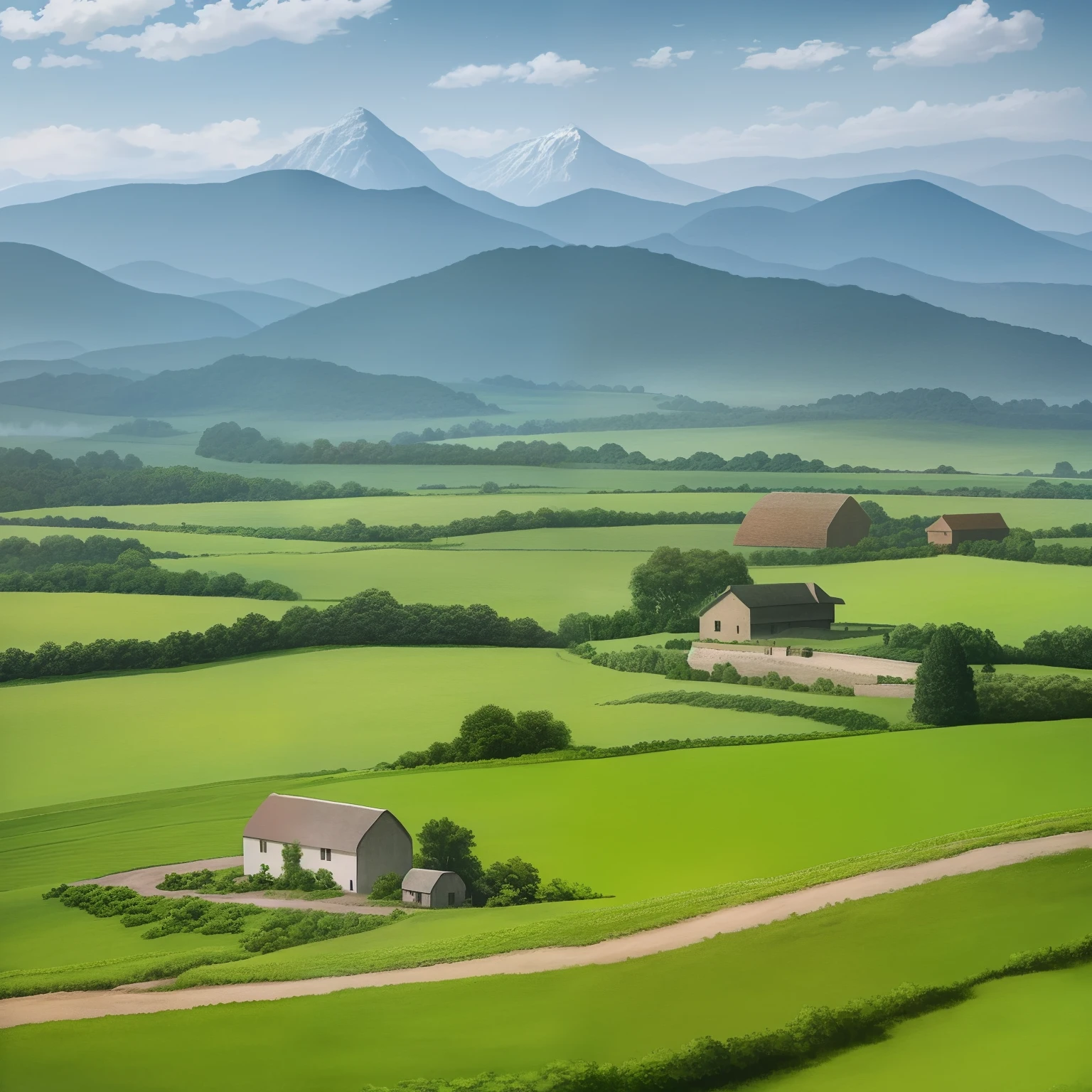 Vast farmland,Scattered farmhouse cottages,country road,There are mountains looming in the distance,Sunnyday