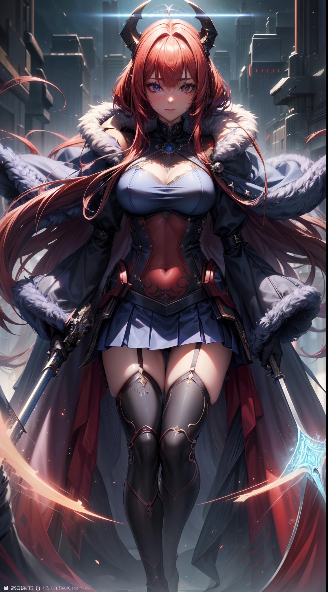 bright ultramarine blue futuristic demon warrior (queen) girl in coverall armored suit (((skirt))) (((mantle))) with sword, (fluffy fur mantle), magic, ((lacy)), futurism, cyberpunk, silk, fur, (stockings), (decollete), navel, natural breasts, slim body, zettai ryouiki, ((((medium length dull scarlet hair)))), dull red hair, (beautiful detailed bright magenta eyes), portrait, (beautiful and aesthetic:1.2, fractal art:1.4), most realistic, hyper-realistic, RAW, highest quality, best quality, Detailed, Realistic, 4k highly detailed digital art, octane render, bioluminescent, (cool_color), best pixels, 8k ultra, extremely detailed CG unity 8k wallpaper, cinematic lighting